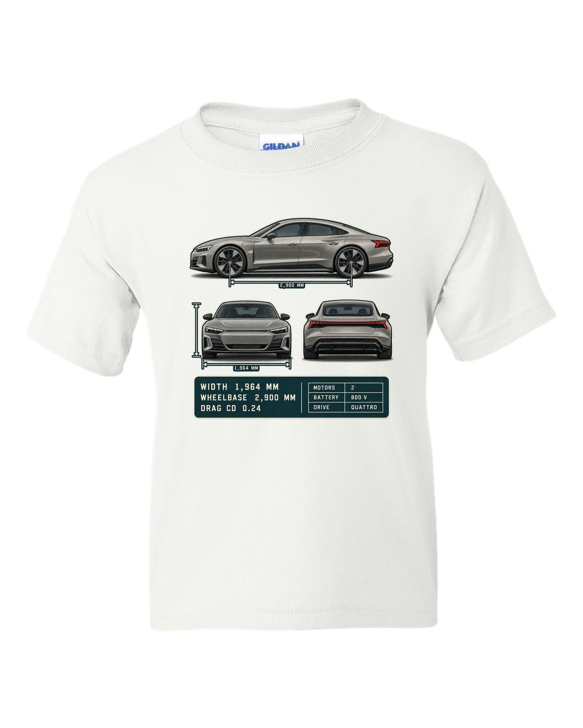 Audi RS e-tron GT Three-View Spec Table Tee, Cd 0.24 Car white kids tee front view with the design