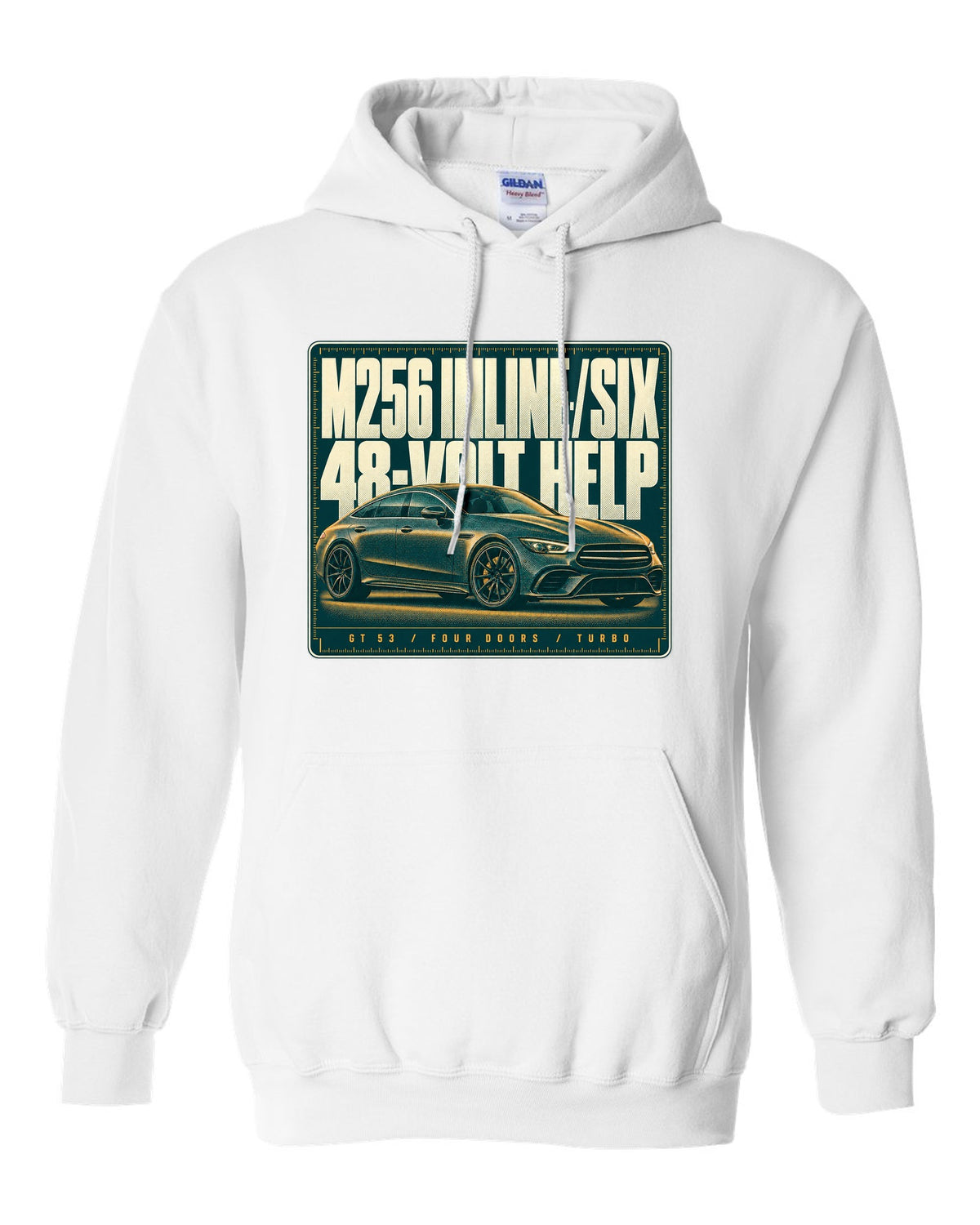 Mercedes-AMG GT 53 4-Door X290 teal and amber halftone print white pull over hoodie front view with the design