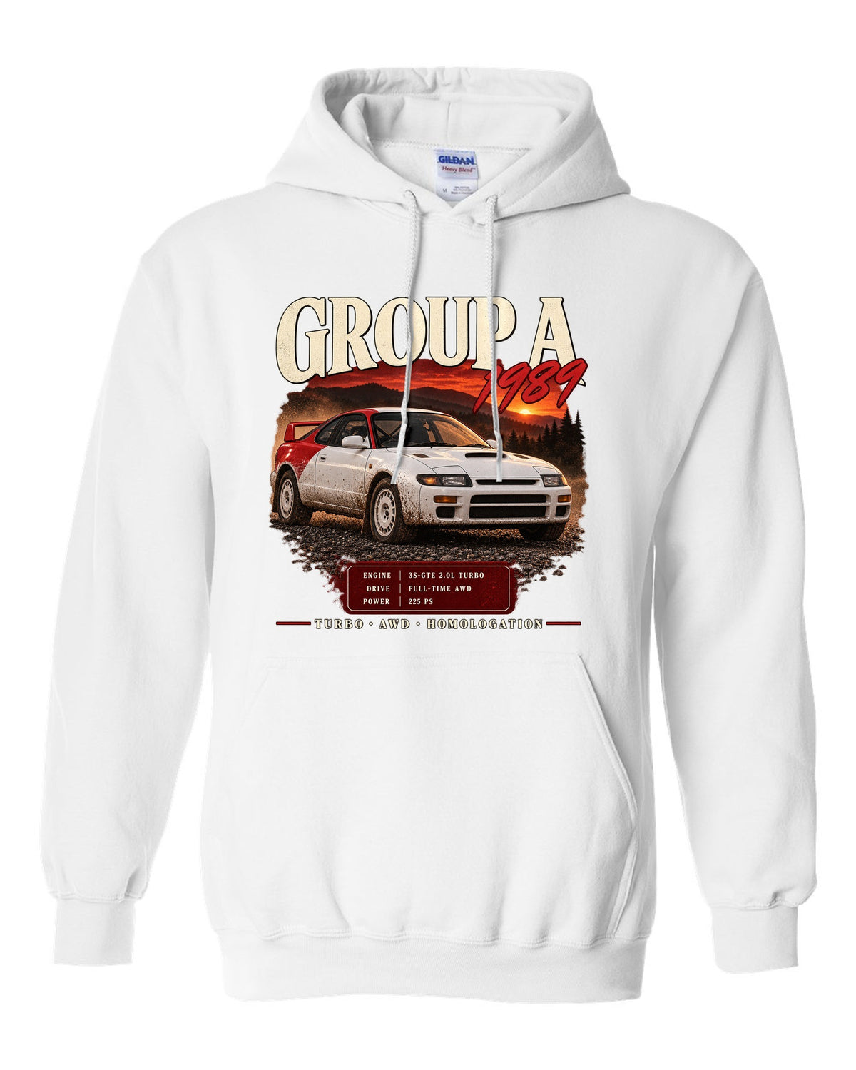 Archive panel print of a Toyota Celica GT-Four ST185 with Group A 1989 specs white pull over hoodie front view with the design
