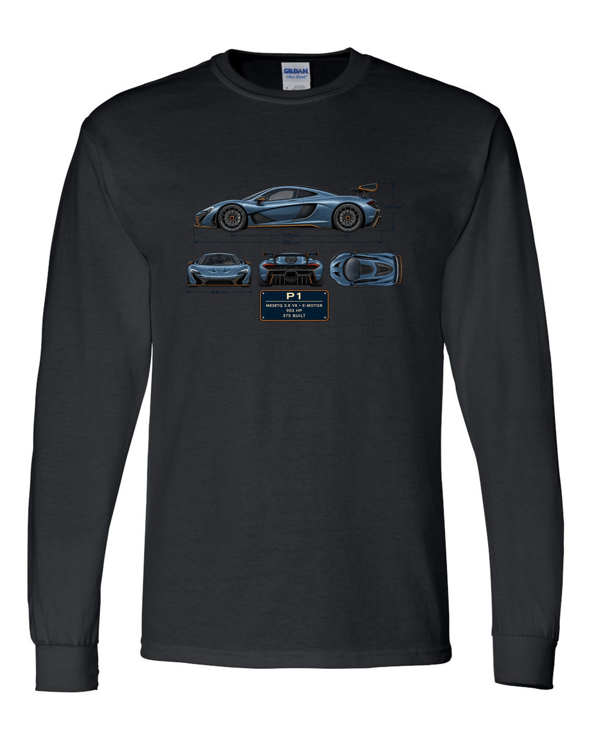 Steel blue dimension blueprint print of a McLaren P1, M838TQ V8 plus e-motor black long sleeve front view with the design