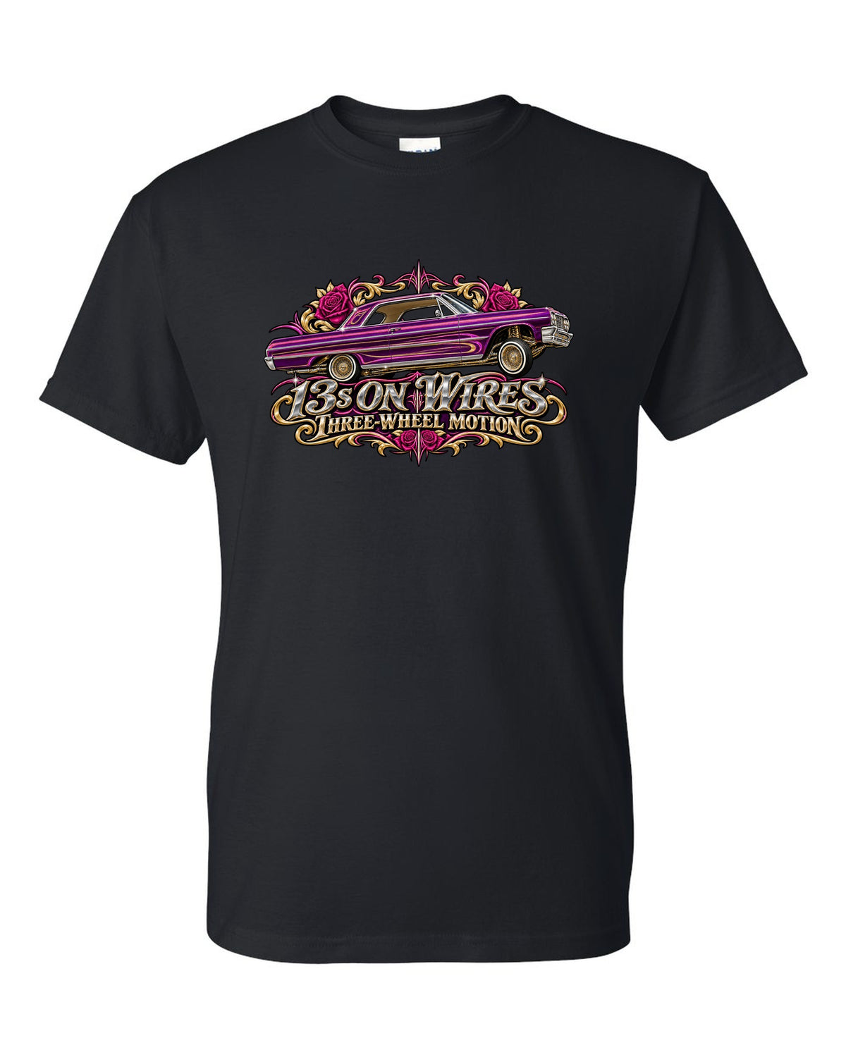 1964 Chevrolet Impala SS lowrider in airbrush style with text 13s on Wires Three-Wheel Motion black t-shirt front view with the design