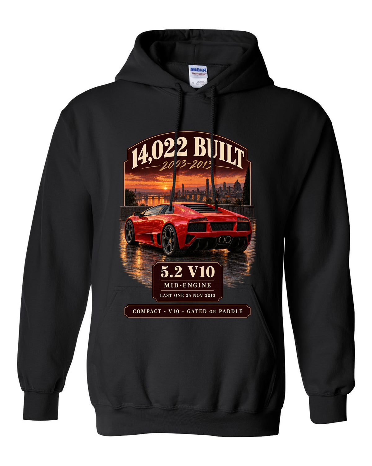 Archive panel print of a Lamborghini Gallardo LP570-4 with 14,022 built and 5.2 V10 text black pull over hoodie front view with the design