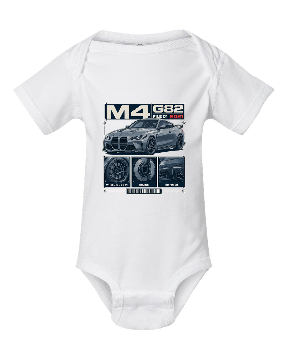 BMW M3 G80 dossier panels print with wheel, brake and diffuser details white baby onesie front view with the design