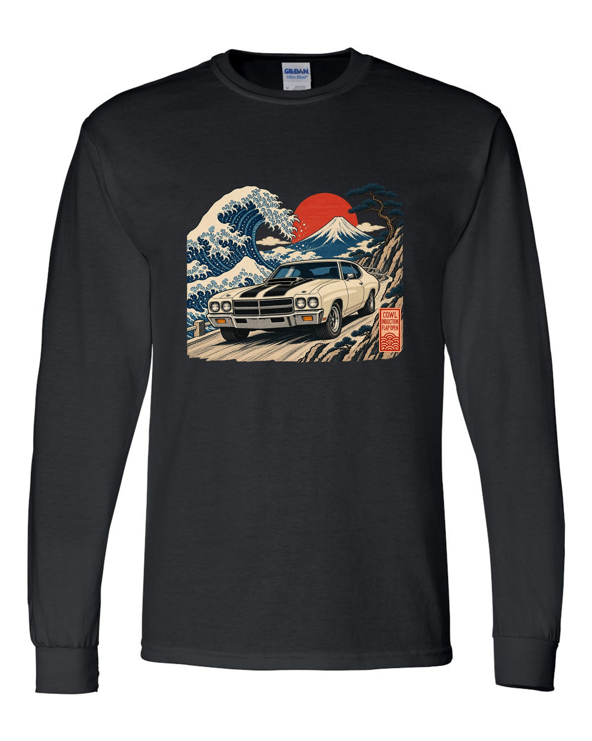 Ukiyo-e woodblock print of a 1970 Chevelle SS with the text Cowl Induction, Flap Open black long sleeve front view with the design