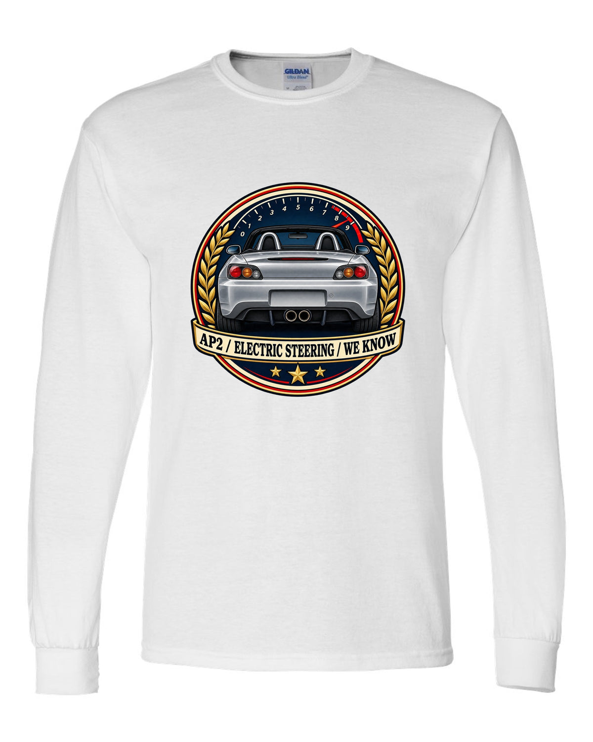 Crest layout print for the Honda S2000 AP2 with electric steering joke text white long sleeve front view with the design