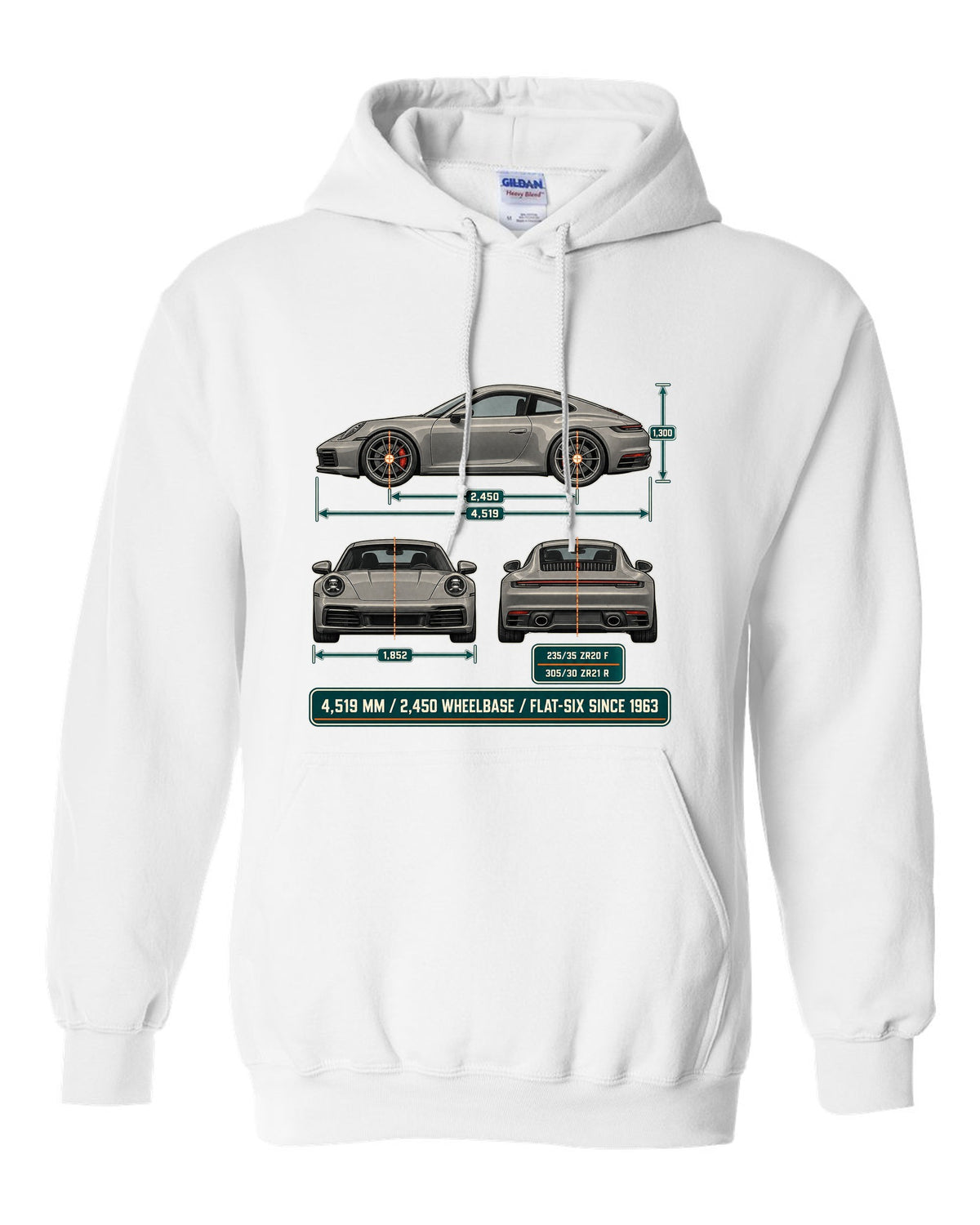 Dimension blueprint print of a Porsche 992 Carrera S with measurements white pull over hoodie front view with the design