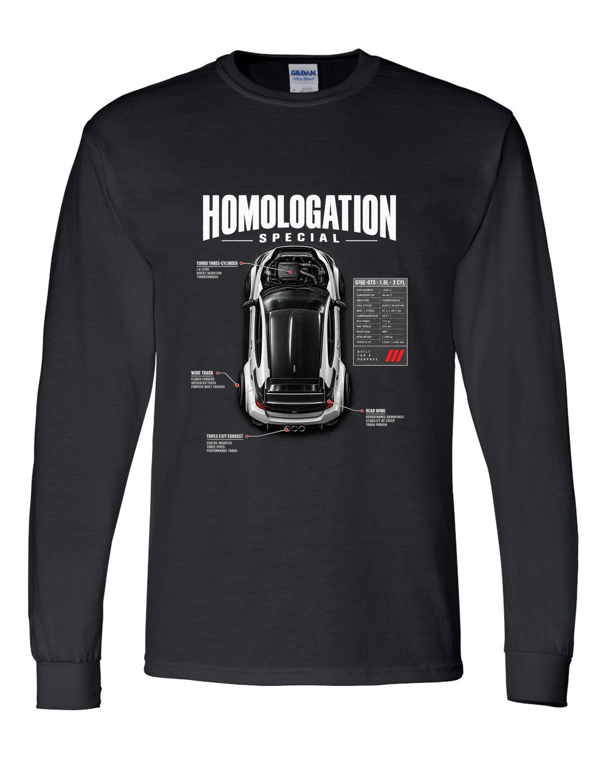 Spec poster style print of a Toyota GR Yaris with G16E-GTS 1.6L 3 cylinder text black long sleeve front view with the design