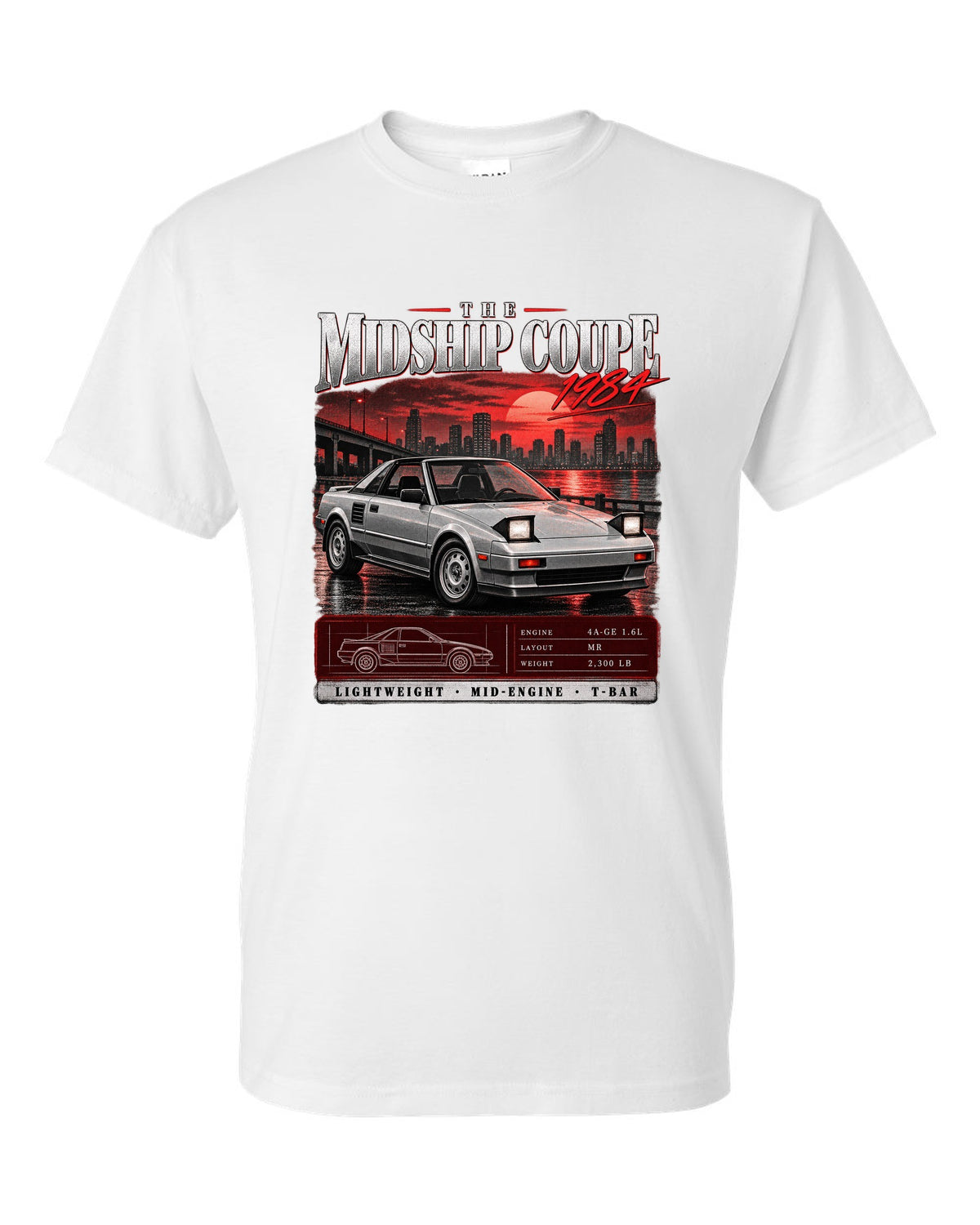 Archive panel print of a Toyota MR2 AW11 with the text The Midship Coupe 1984 white t-shirt front view with the design
