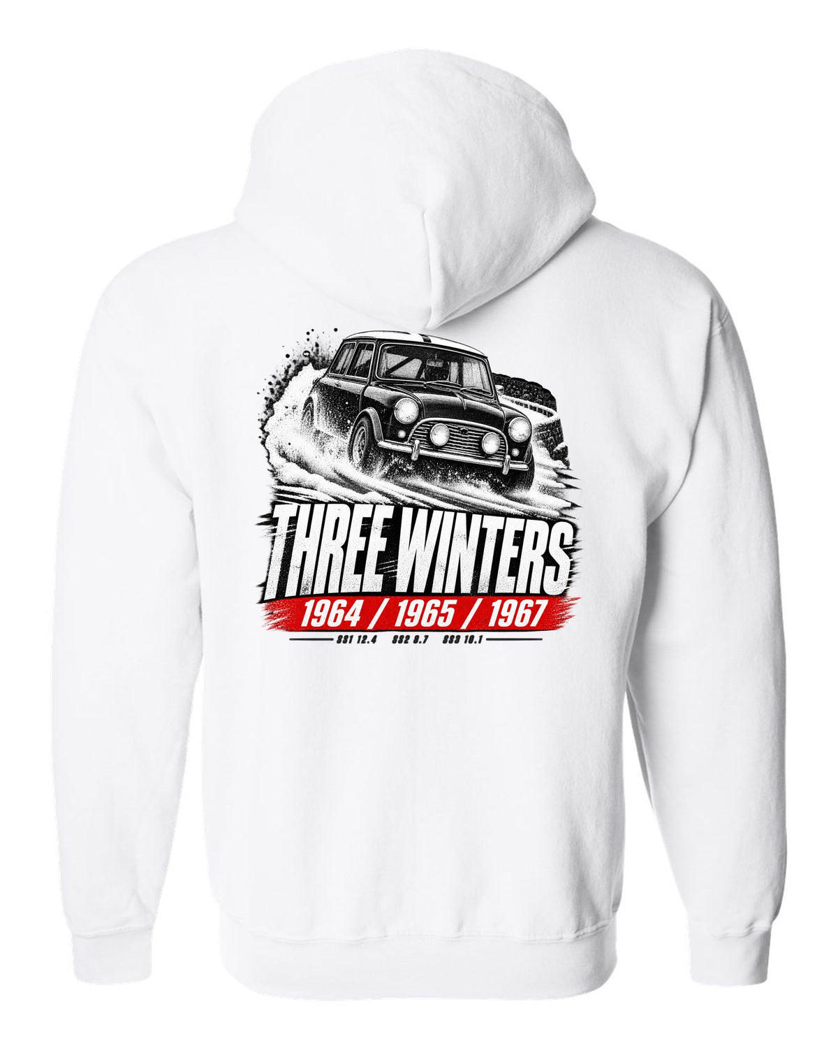 Race poster print of a 1964 Classic Mini Cooper S Mk I rally car with three winters text white zip hoodie back view with the design