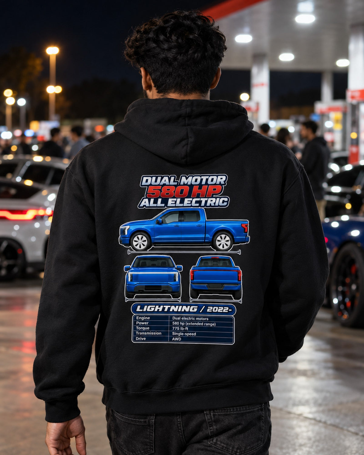 Ford F150 Lightning Spec Sheet Full-Back Graphic Tee Pull Over Hoodie Black worn hero