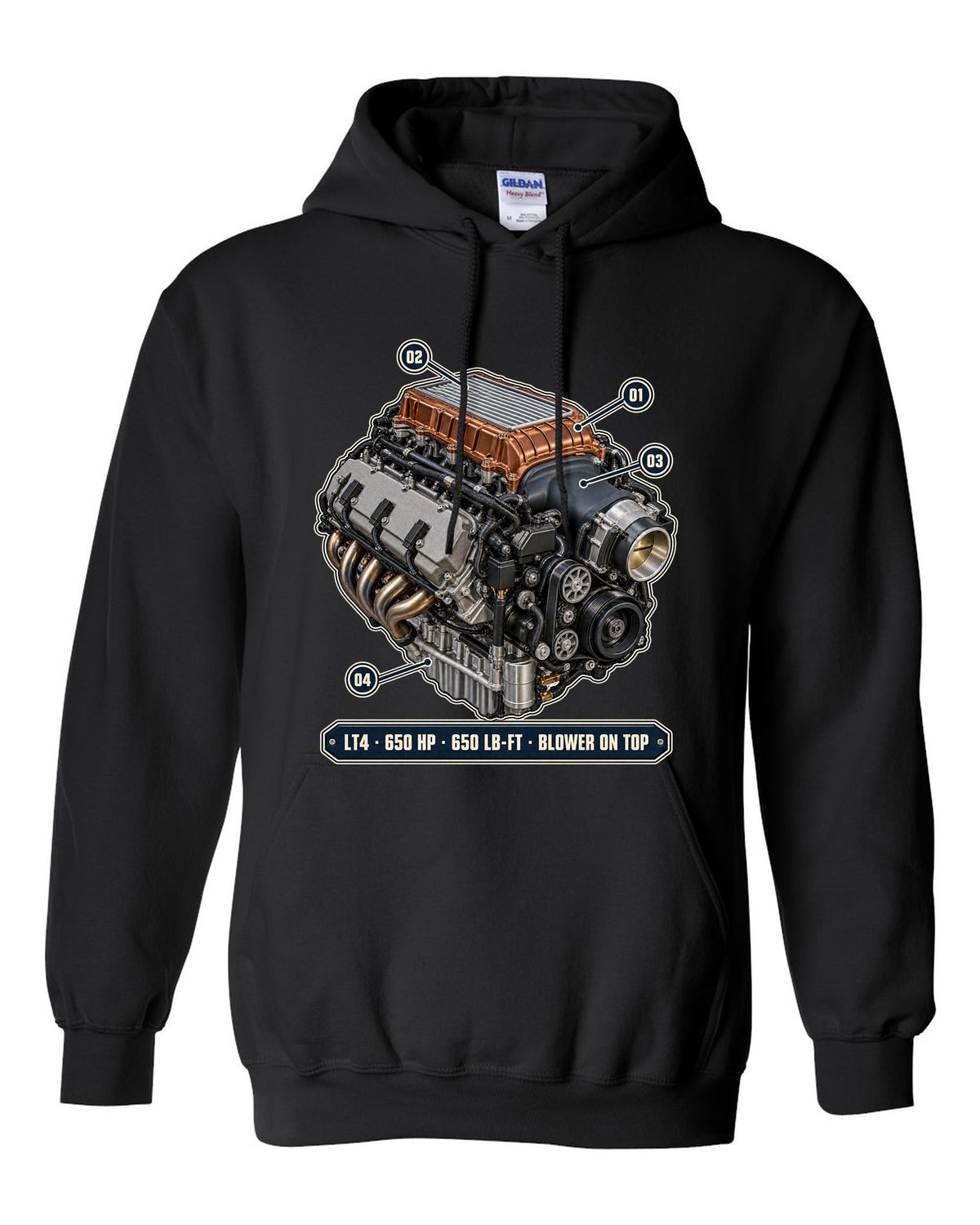 Camaro ZL1 LT4 supercharged engine bay poster print black pull over hoodie front view with the design