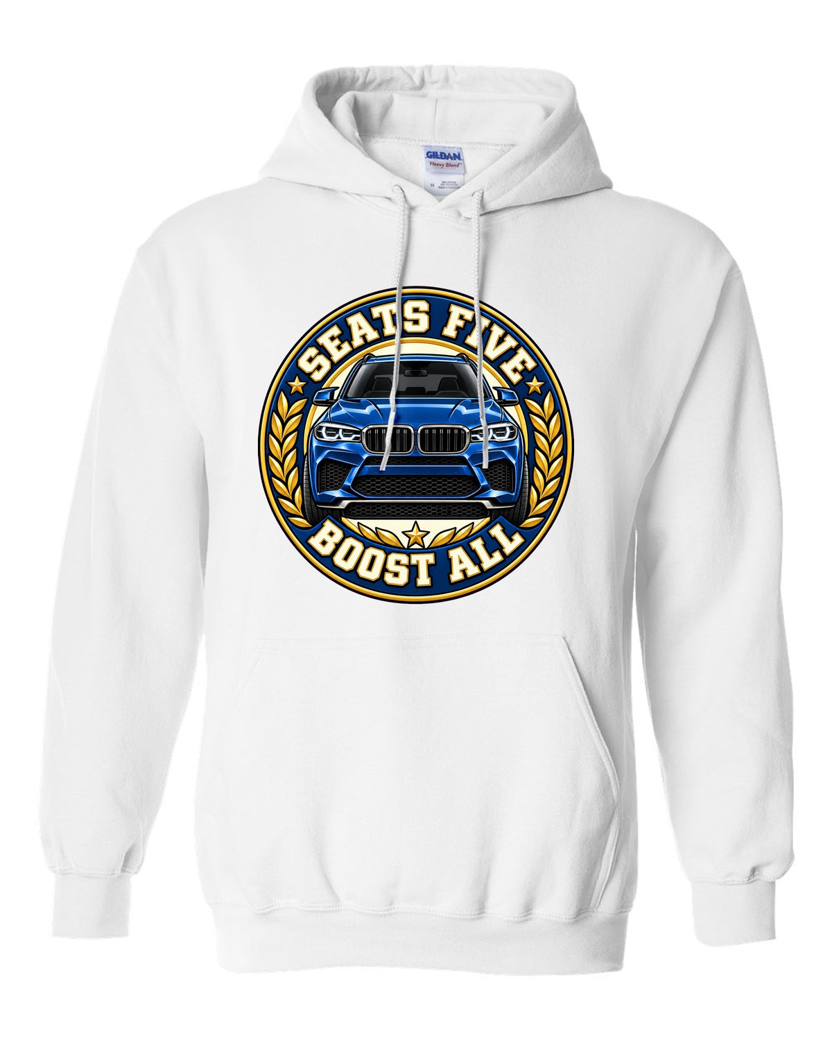 Embroidery-style varsity crest print for the BMW X5 M F85 white pull over hoodie front view with the design