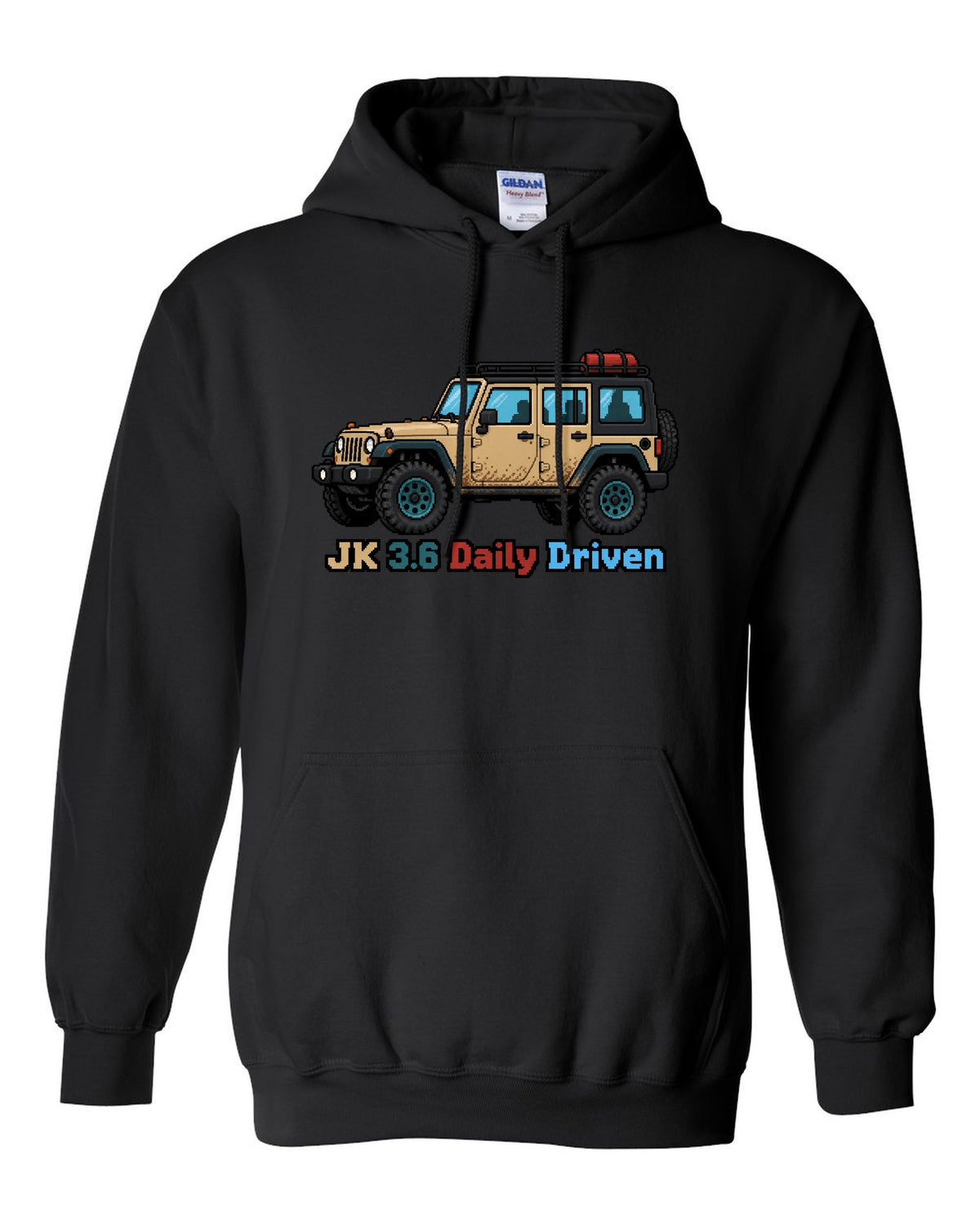 Jeep Wrangler JK 16-bit pixel art design with JK 3.6 daily driven text black pull over hoodie front view with the design
