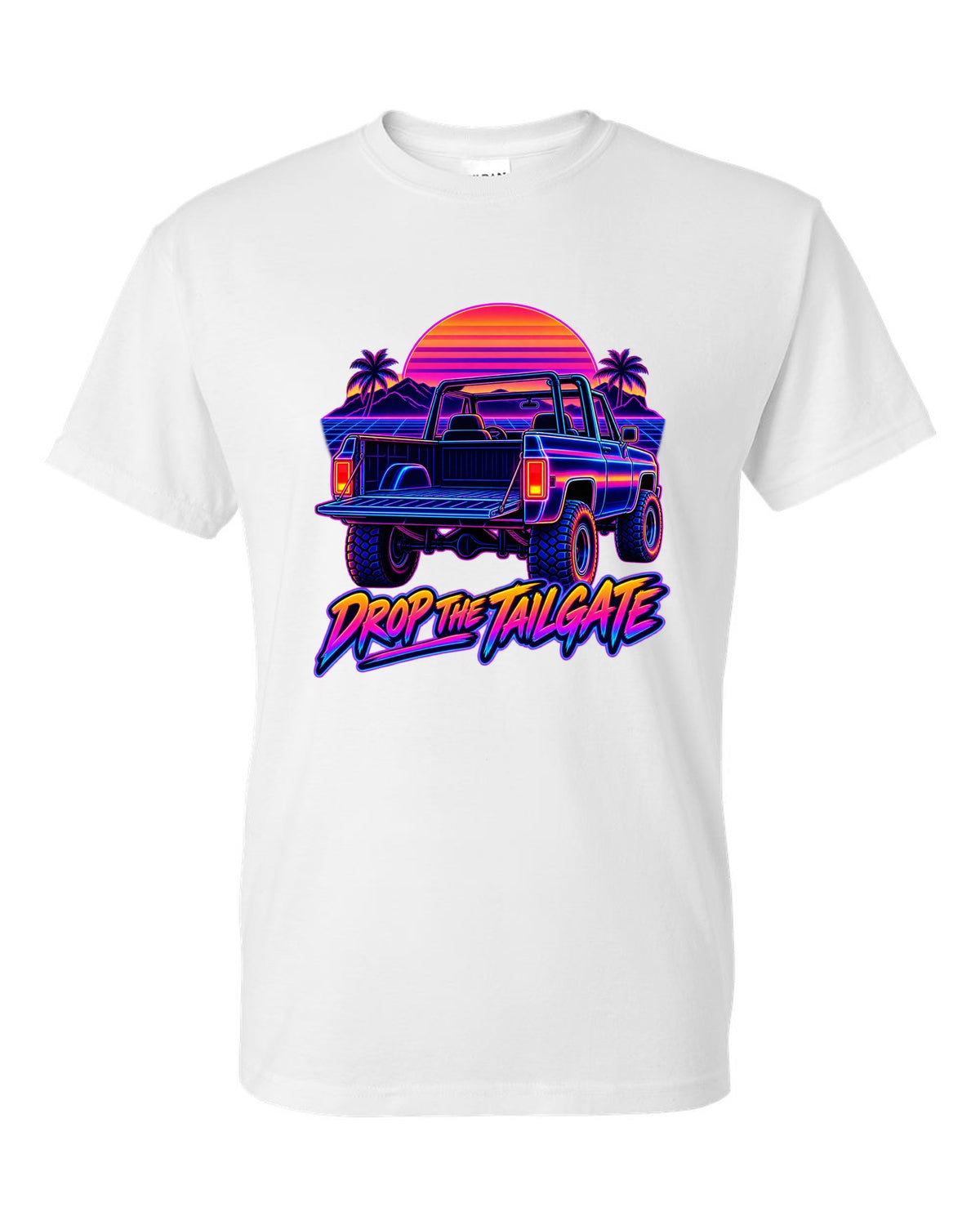 Neon synthwave line art of a 1973-1991 Chevrolet K5 Blazer tailgate with DROP THE TAILGATE text white t-shirt front view with the design