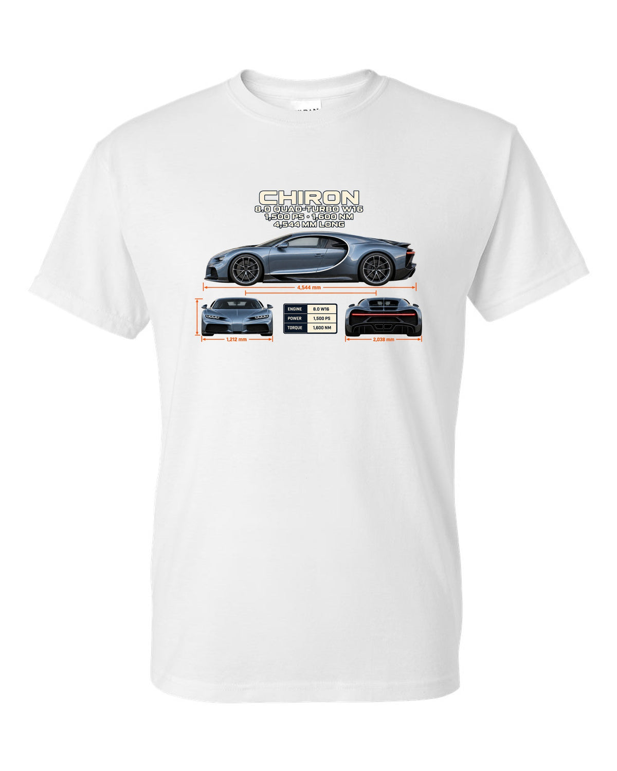 Three-view drawing and spec table of a Bugatti Chiron on the front of a tee white t-shirt front view with the design
