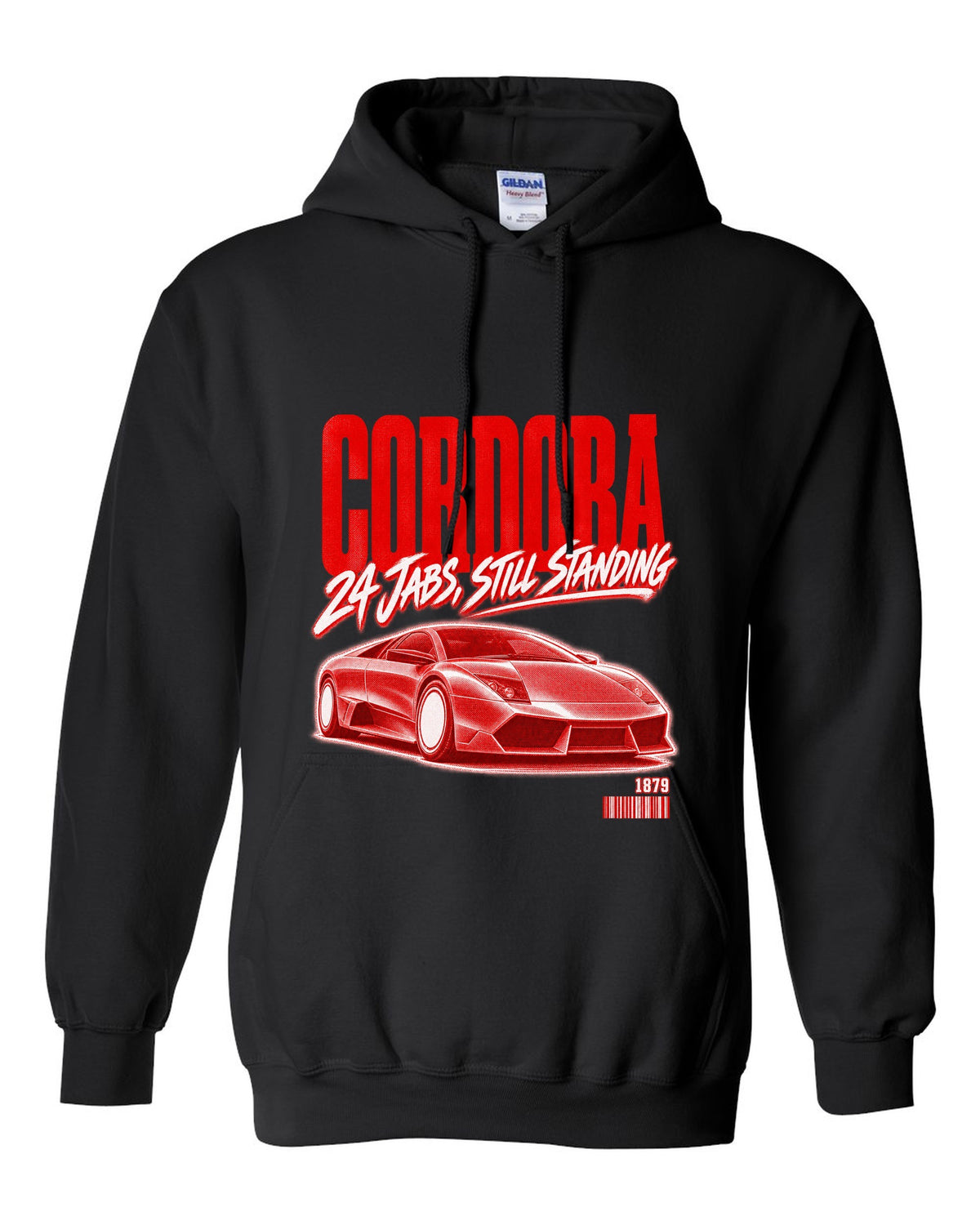 Street poster print of a Lamborghini Murcielago LP640 with Cordoba and 1879 text black pull over hoodie front view with the design