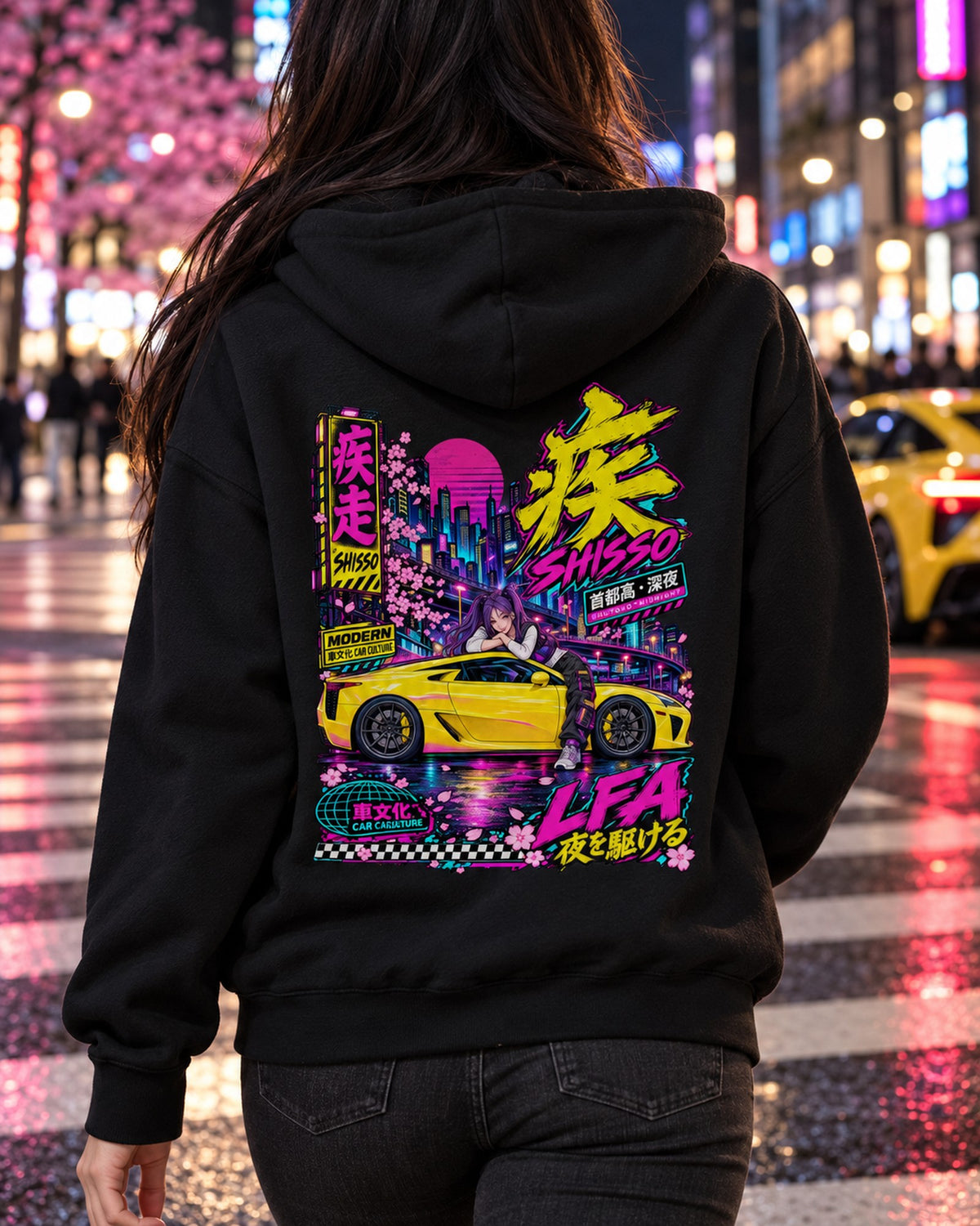 SHISSO LFA Anime Girl Full-Back Graphic Tee Pull Over Hoodie Black worn hero