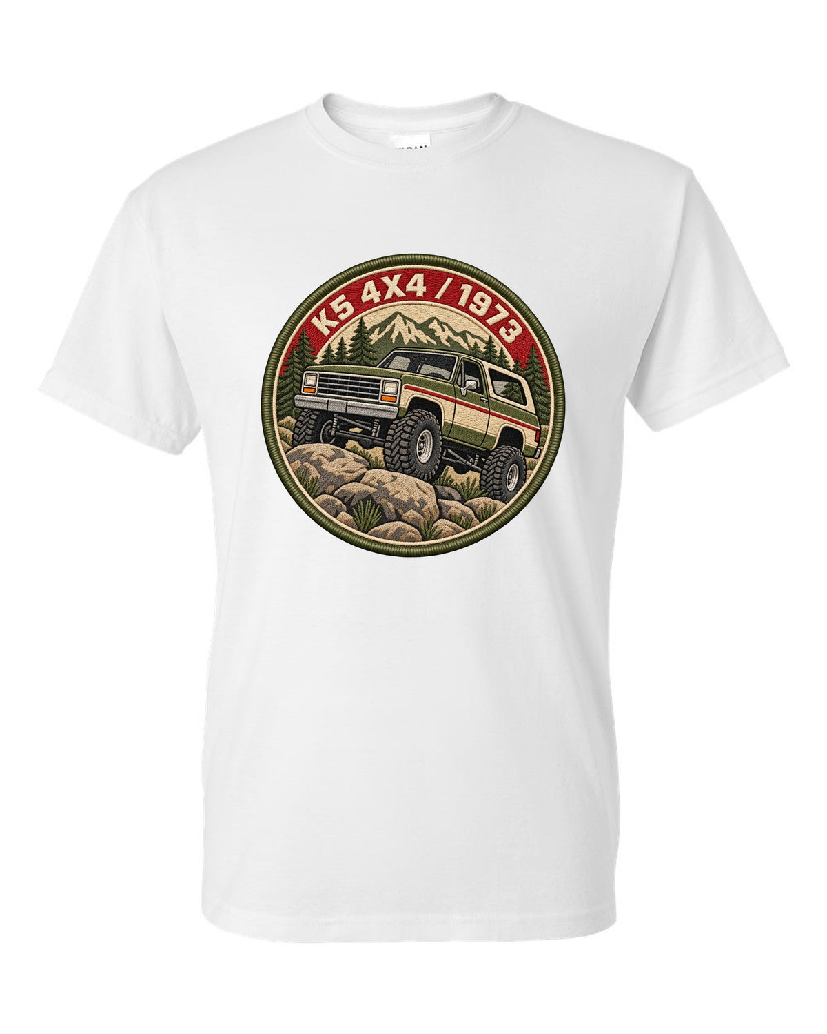 Embroidery-style varsity crest print of a 1973-91 Chevrolet K5 Blazer with K5 4x4 1973 lettering white t-shirt front view with the design