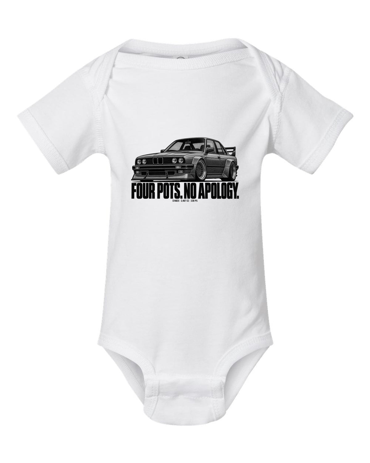 BMW E30 M3 Sport Evo halftone print with S14B25 2,467 cc and 238 PS text white baby onesie front view with the design