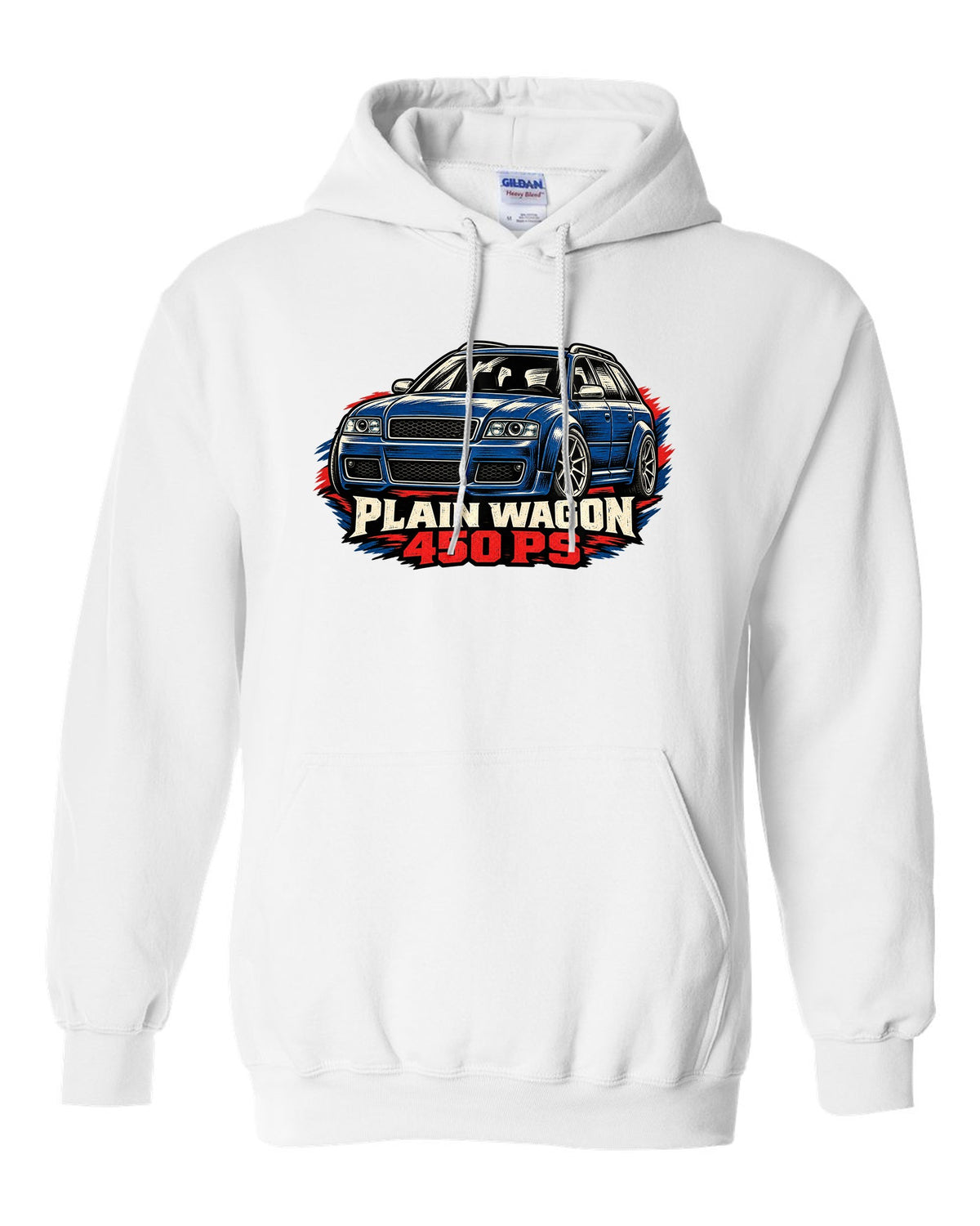 Linocut woodcut design of the Audi RS6 Avant C5 4B with plain wagon and 450 PS lettering white pull over hoodie front view with the design