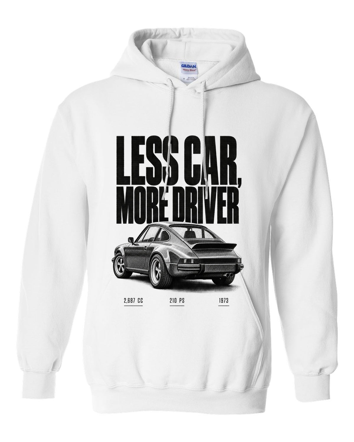 Halftone print of the 1973 Porsche 911 Carrera RS 2.7 with the line Less Car More Driver white pull over hoodie front view with the design