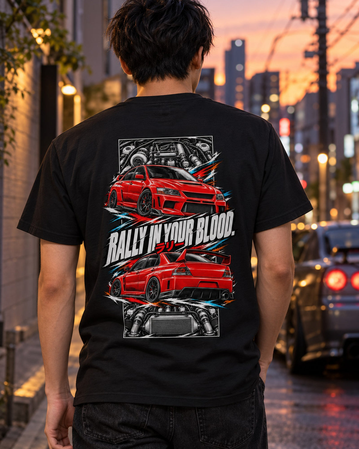 Mitsubishi Evo Ix Torn Poster Full-Back Graphic Tee T-Shirt Black worn hero