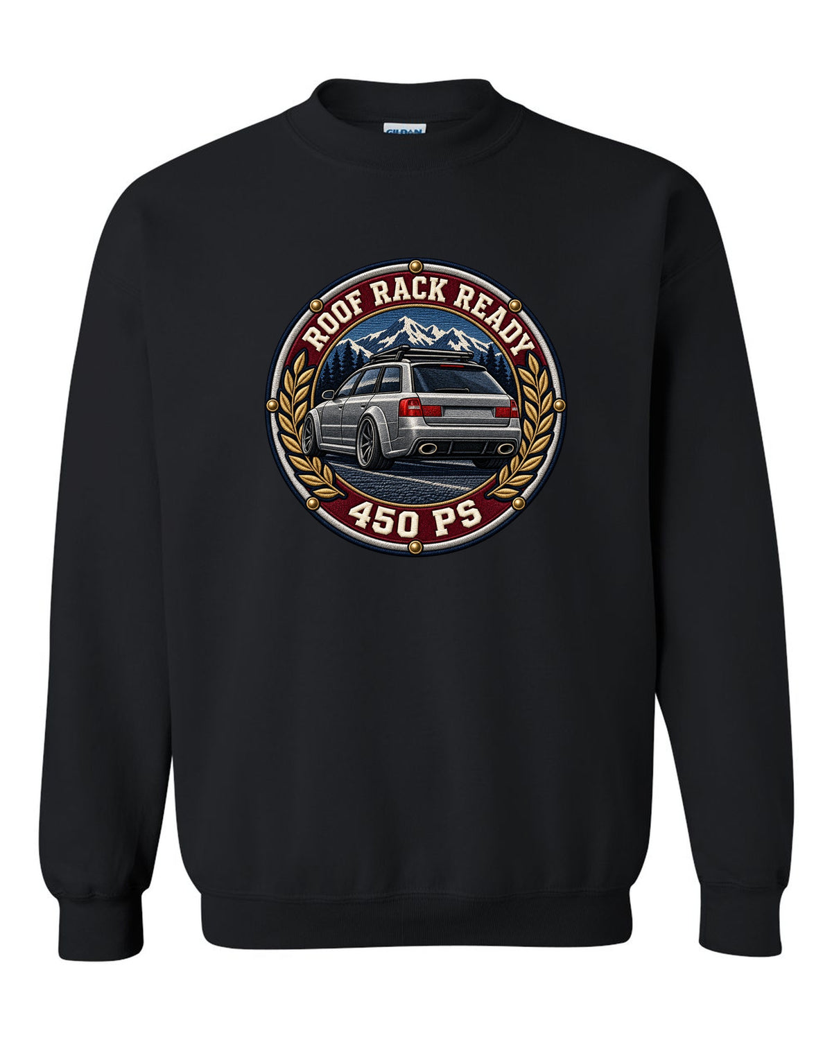 Varsity crest style print of a flared Audi RS6 Avant C5 with Roof Rack Ready text black crewneck front view with the design