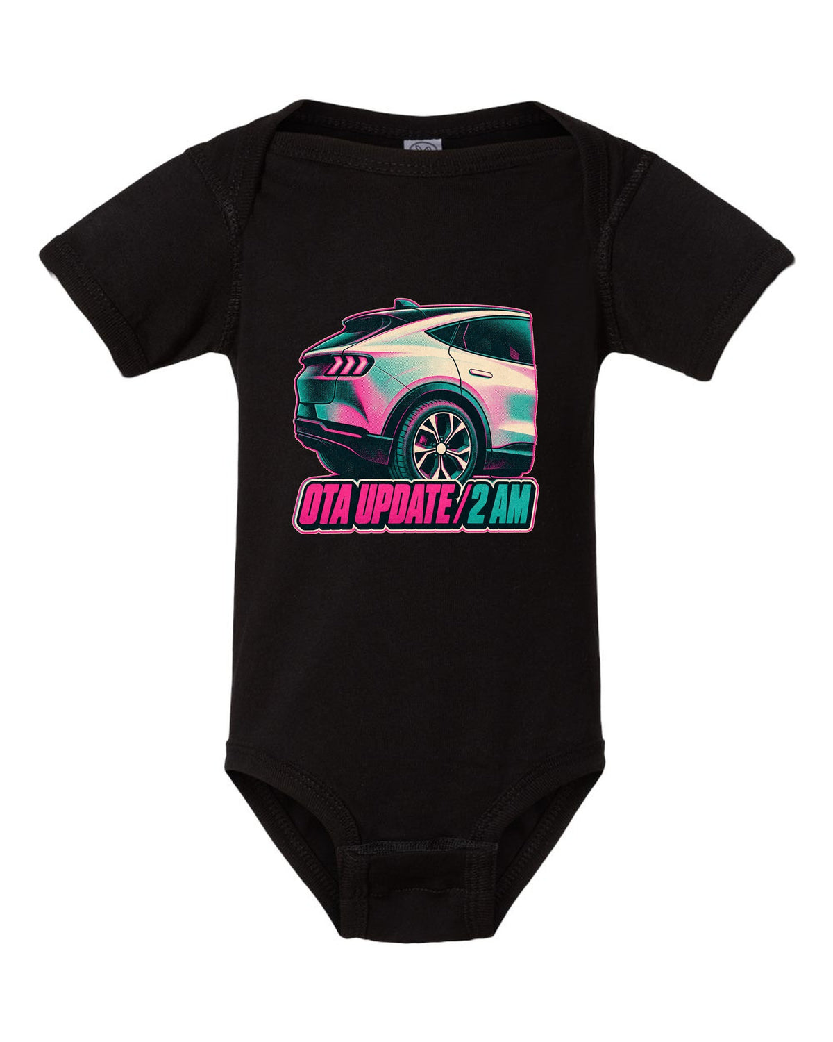 Risograph halftone wheel print of a 2020 Mustang Mach-E CX727 reading OTA Update 2 AM black baby onesie front view with the design