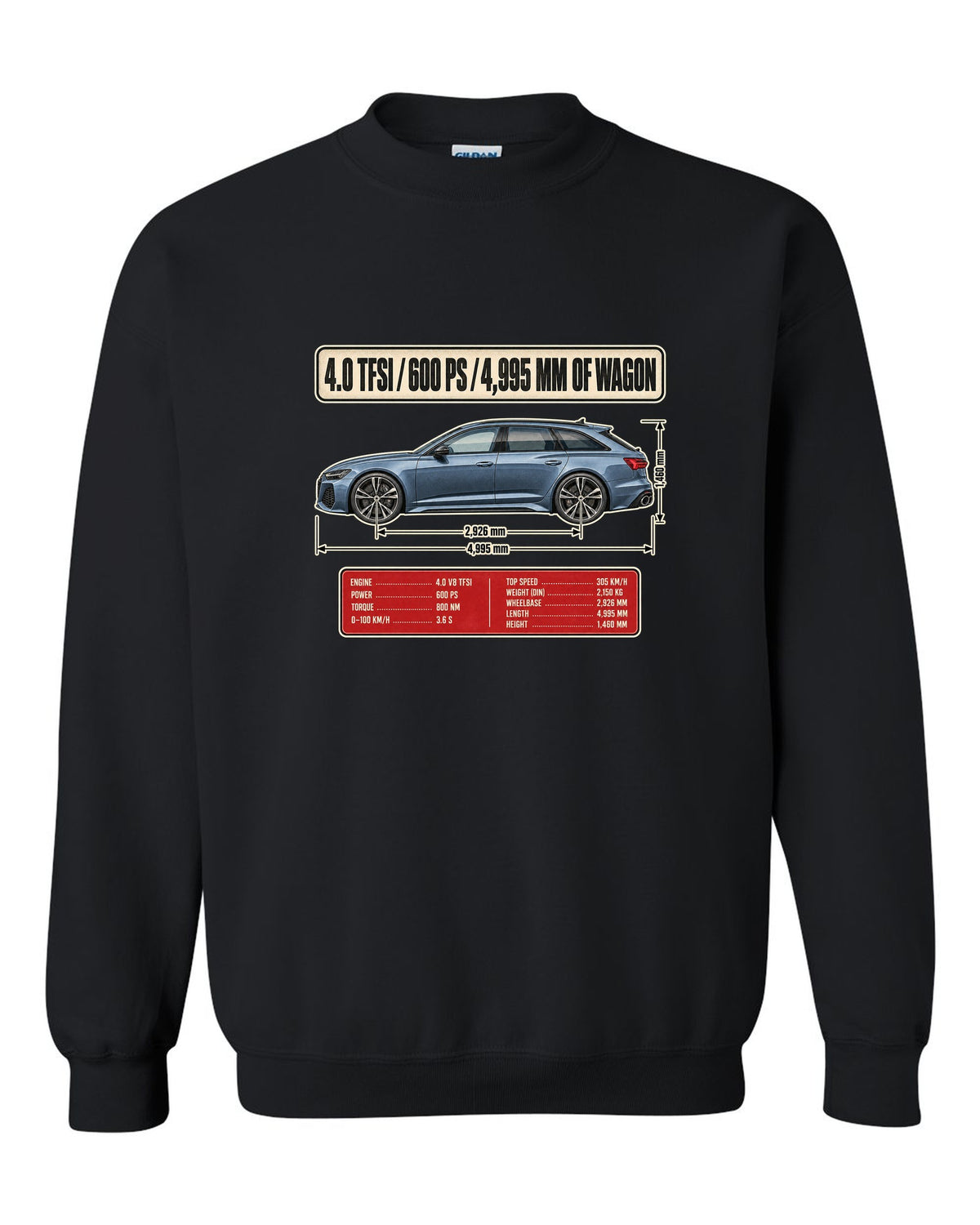Audi RS6 Avant C8 wagon dimension blueprint print black crewneck front view with the design