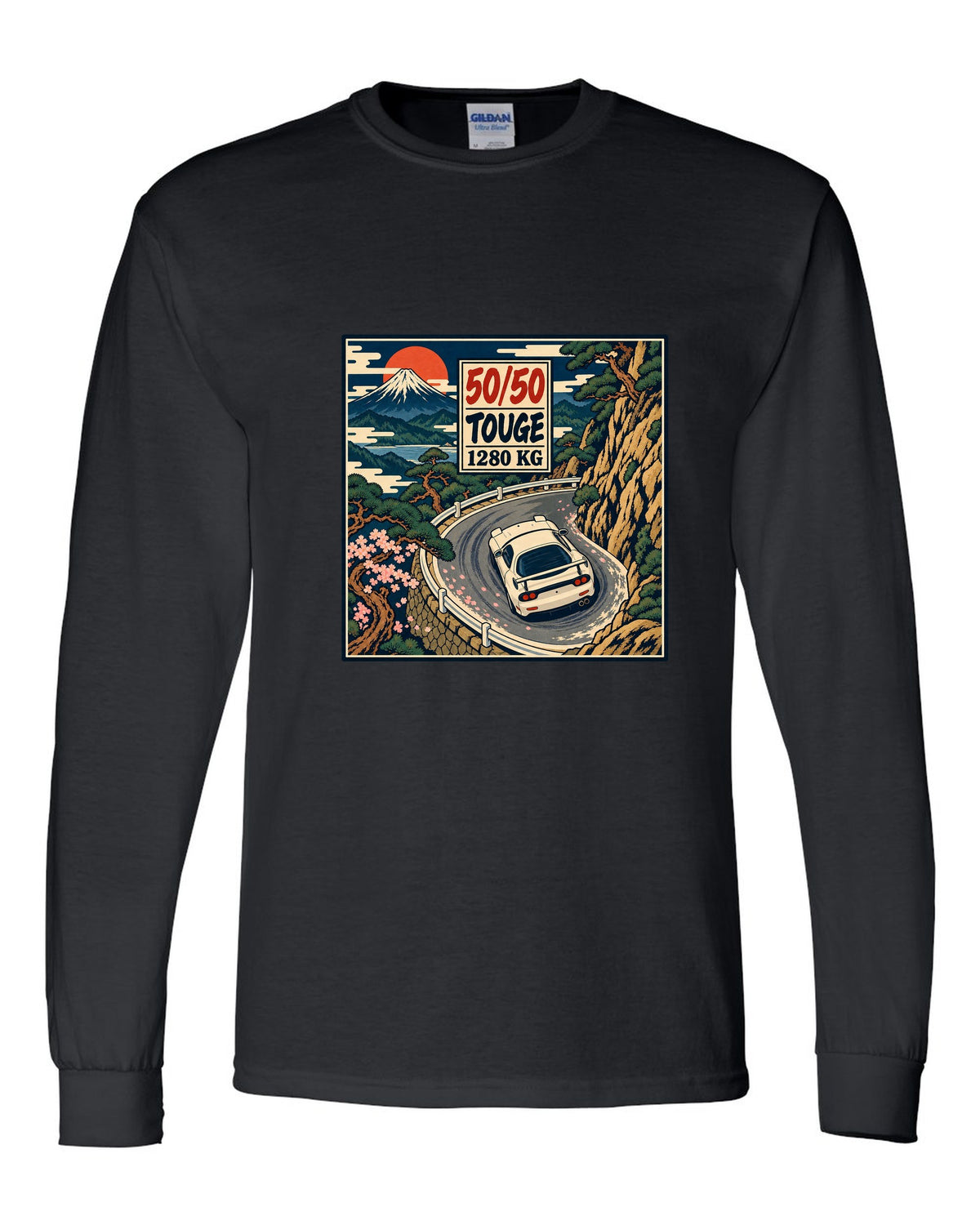 Lo-fi anime harbour dusk scene with a Mazda RX-7 FD3S and SA22C and HIROSHIMA lettering black long sleeve front view with the design