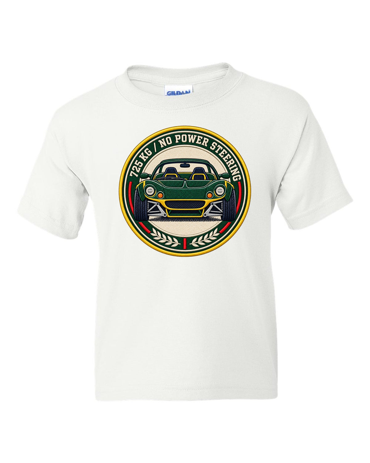 Lotus Elise S1 varsity crest design with 725 KG and no power steering lettering white kids tee front view with the design