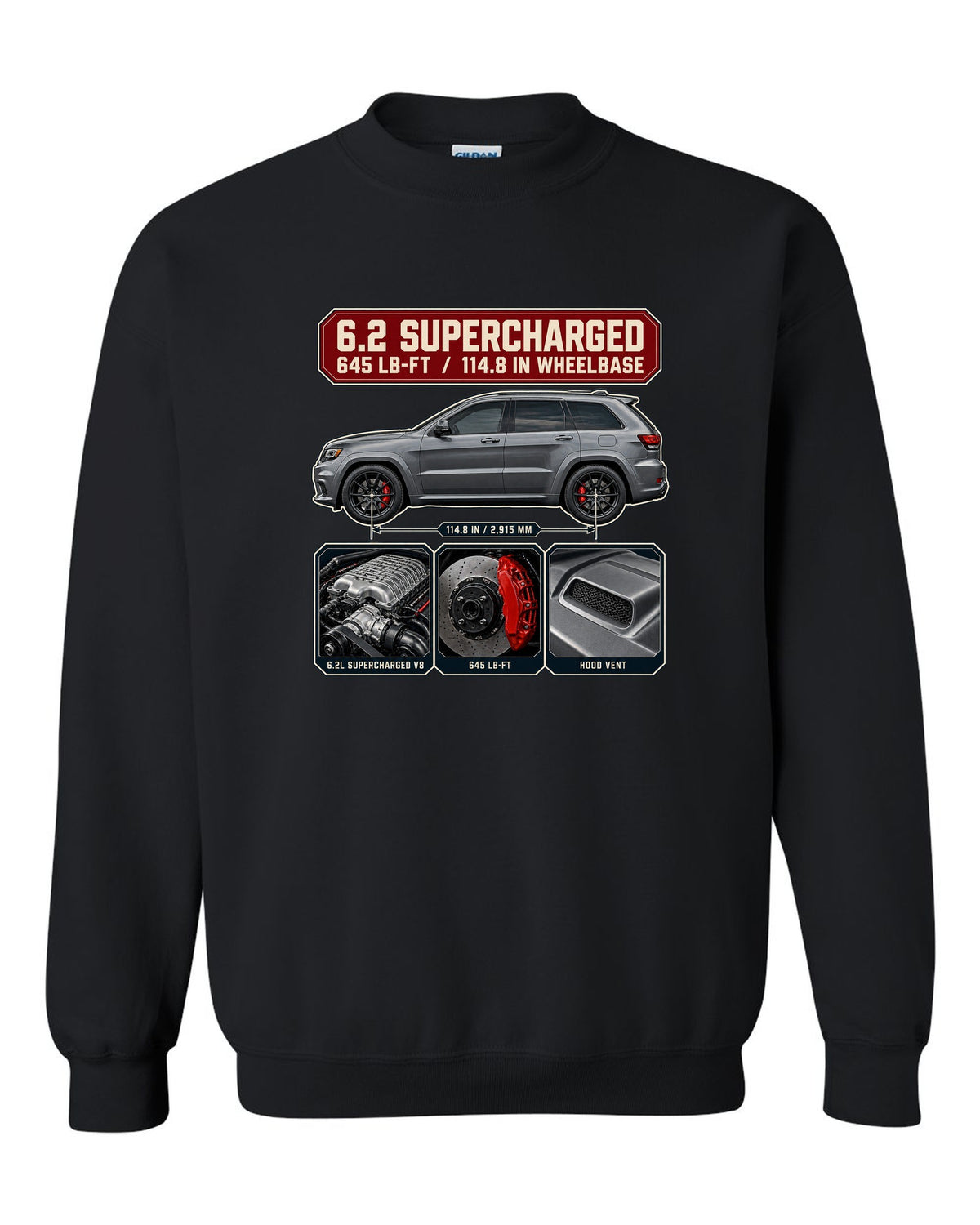Dossier panel print of the Jeep Grand Cherokee Trackhawk WK2 with engine and torque black crewneck front view with the design