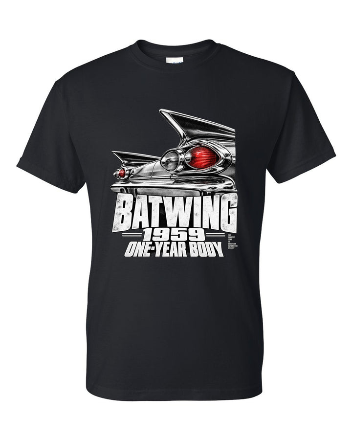 1959 Impala rear batwing taillight macro print with one-year body text black t-shirt front view with the design