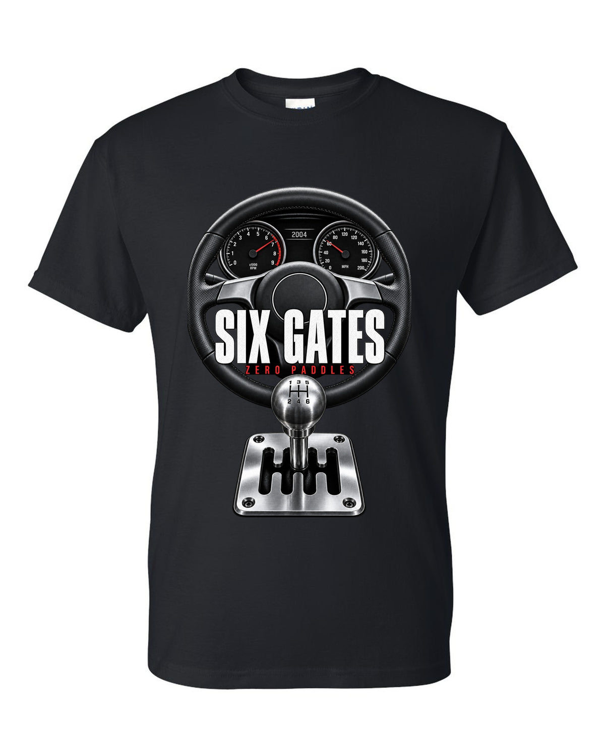 Cockpit print of a Lamborghini Gallardo with gated six-speed shifter and Six Gates text black t-shirt front view with the design
