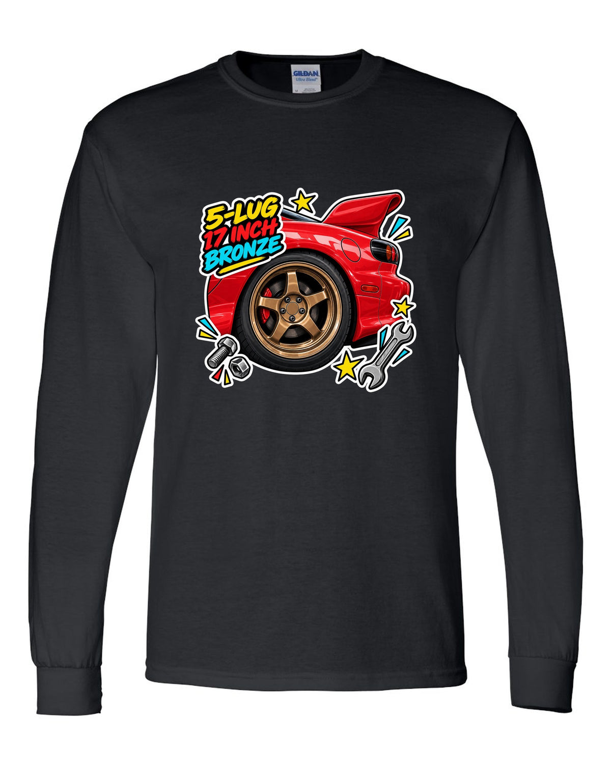 Watercolour wet road night print of a Mazda MX-5 ND RF with the text Roof Folds in 13 Seconds black long sleeve front view with the design