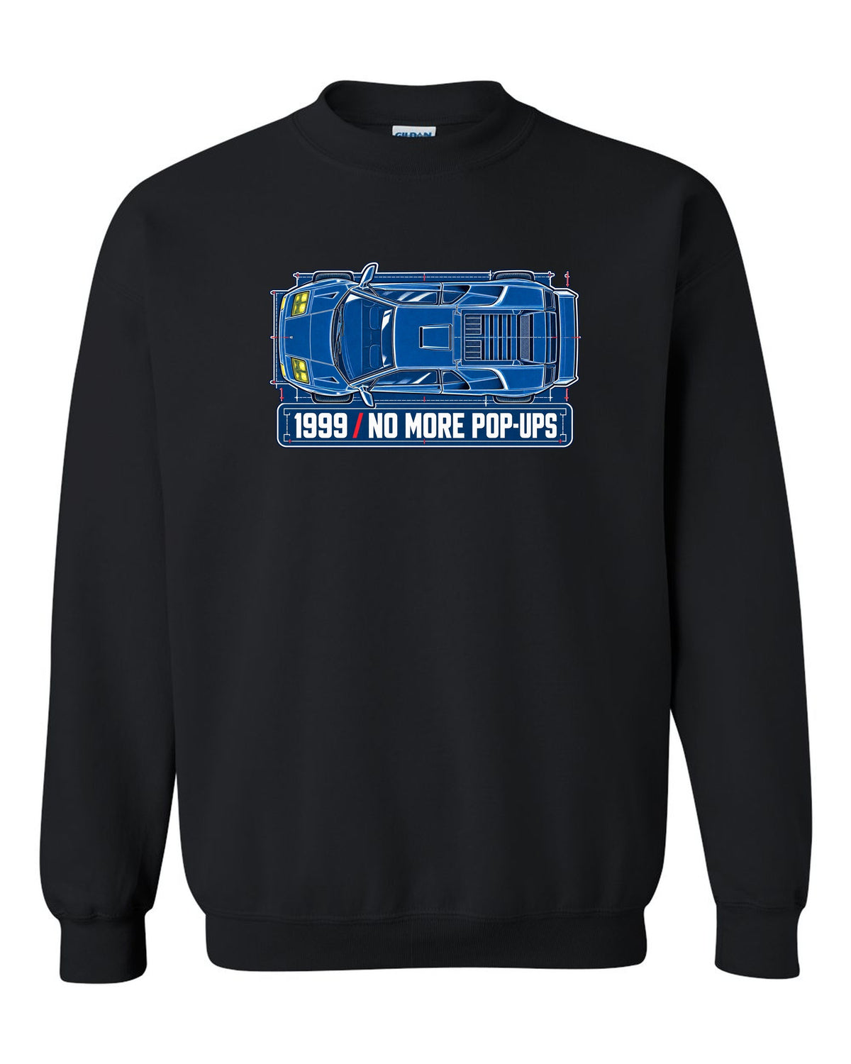 Cyanotype blueprint of a 1999 facelift Lamborghini Diablo with no more pop-ups lettering black crewneck front view with the design