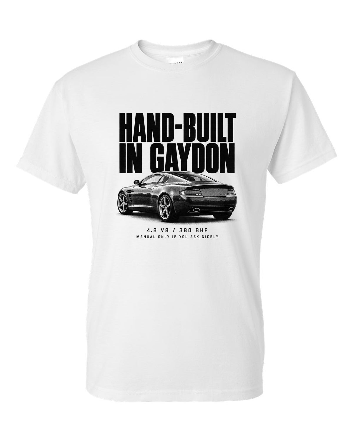 Aston Martin V8 Vantage 2005 halftone print with Gaydon text white t-shirt front view with the design