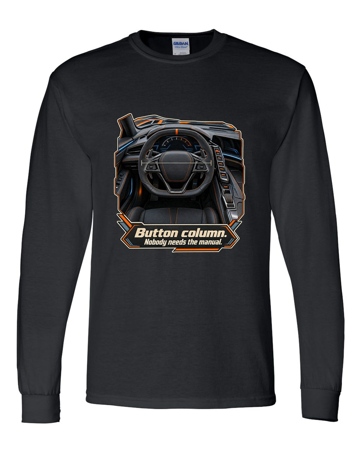 print of a Chevrolet Corvette C8 ZR1 cockpit with gauges and button column text black long sleeve front view with the design