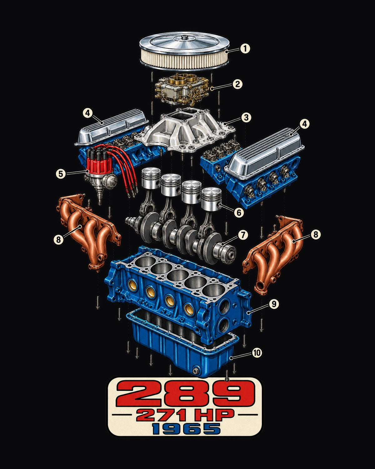1965 Ford Mustang 289 V8 Exploded Anatomy Shirt, Engine Diagram design only