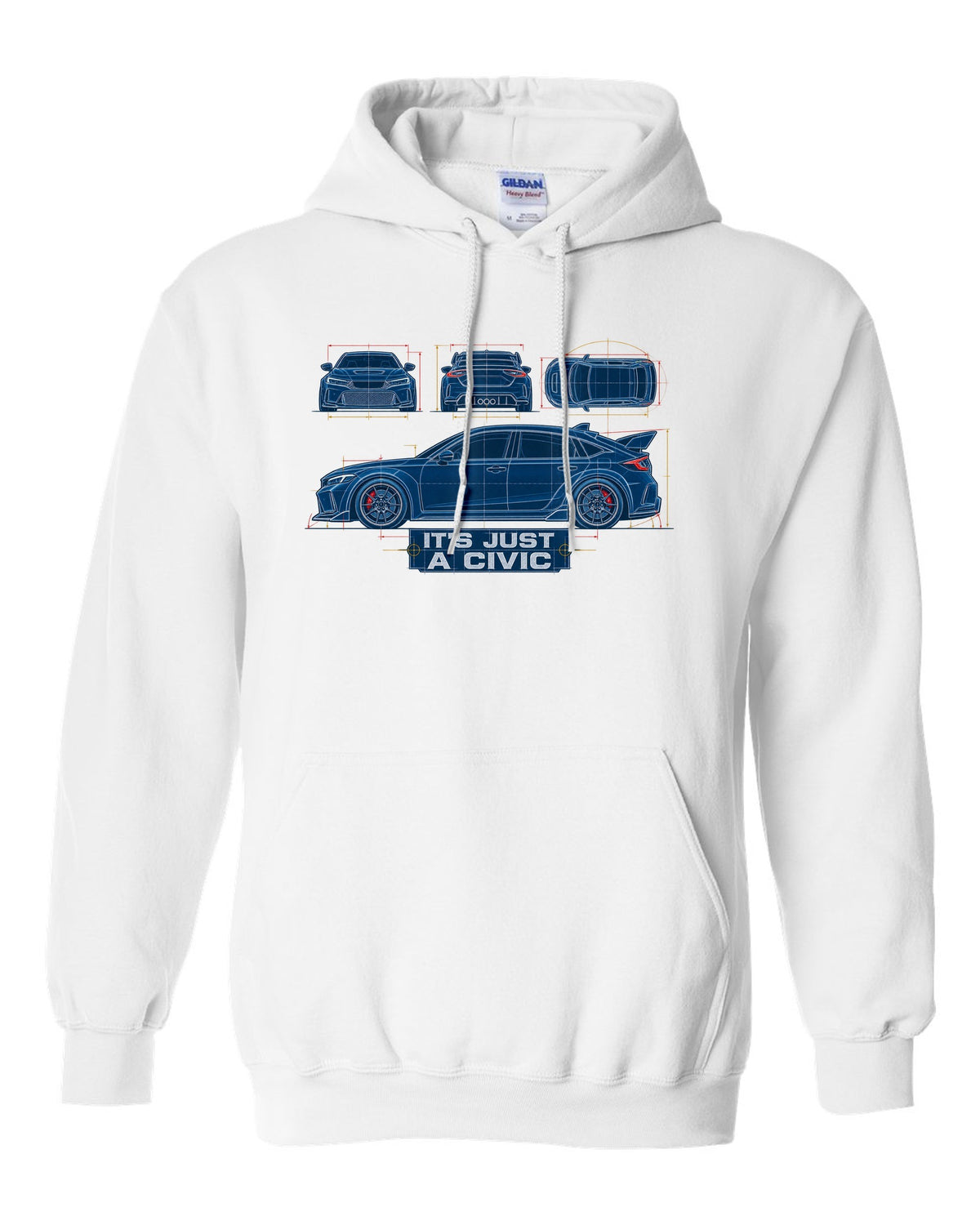 Cyanotype blueprint print of a 2023 Honda Civic FL5 ch with it's just a Civic text white pull over hoodie front view with the design