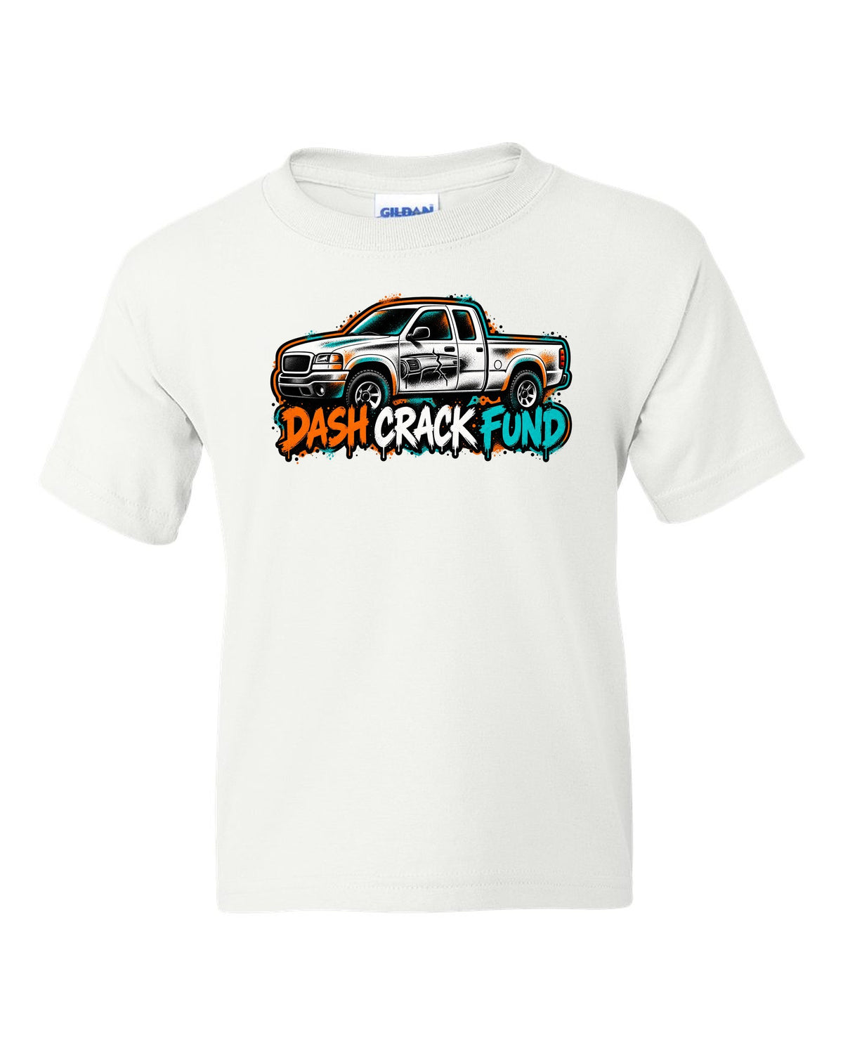 NBS Silverado GMT800 Spray Stencil Tee, Dash Crack Fund white kids tee front view with the design