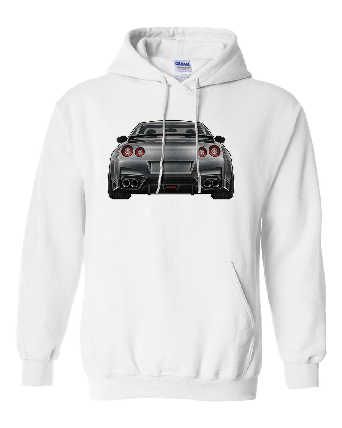 2023 Nissan Z Sport three-view drawing with spec table in warm grey white pull over hoodie front view with the design
