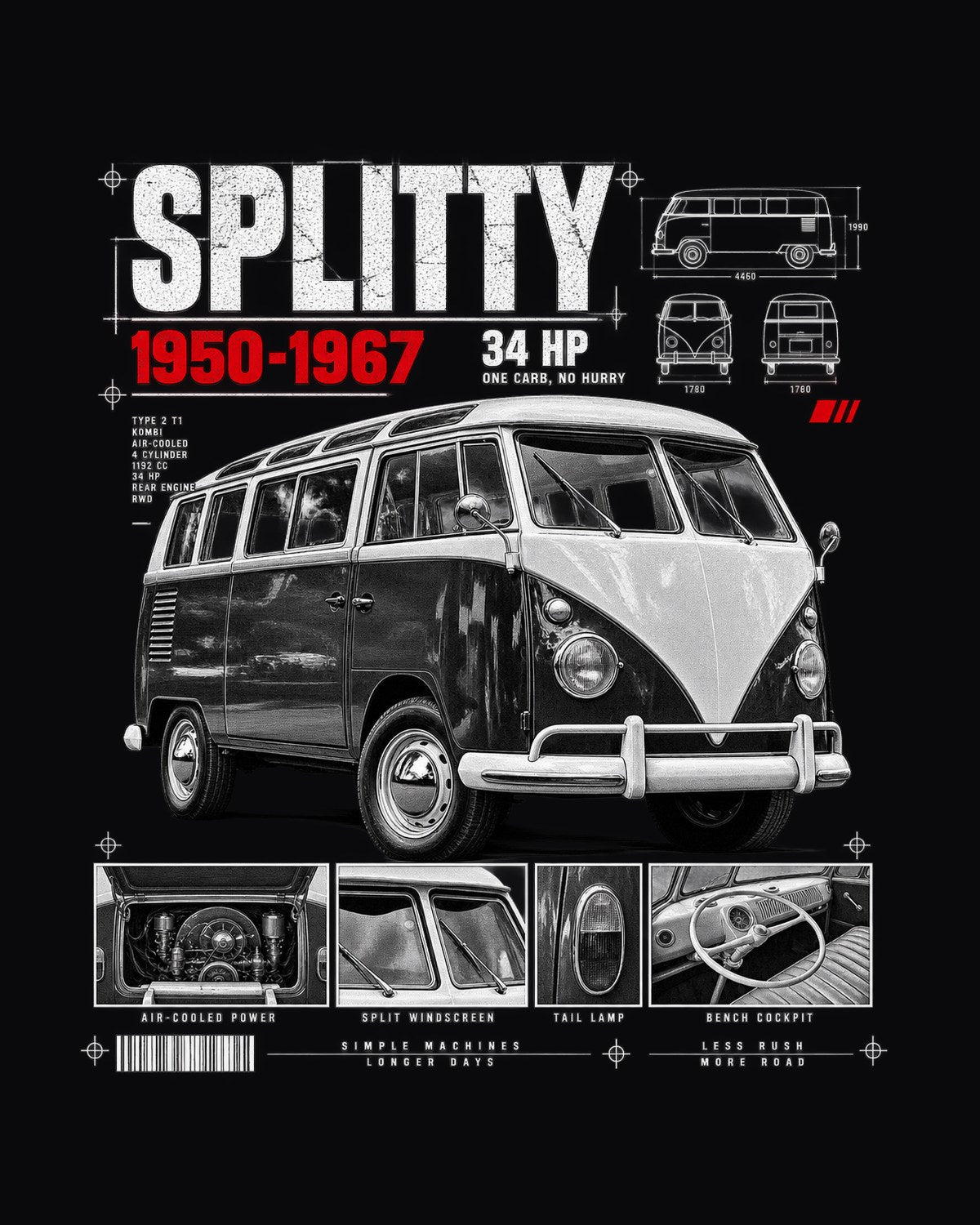 VW Bus T1 Split-Window Kombi 1962 Splitty Dossier Shirt design only