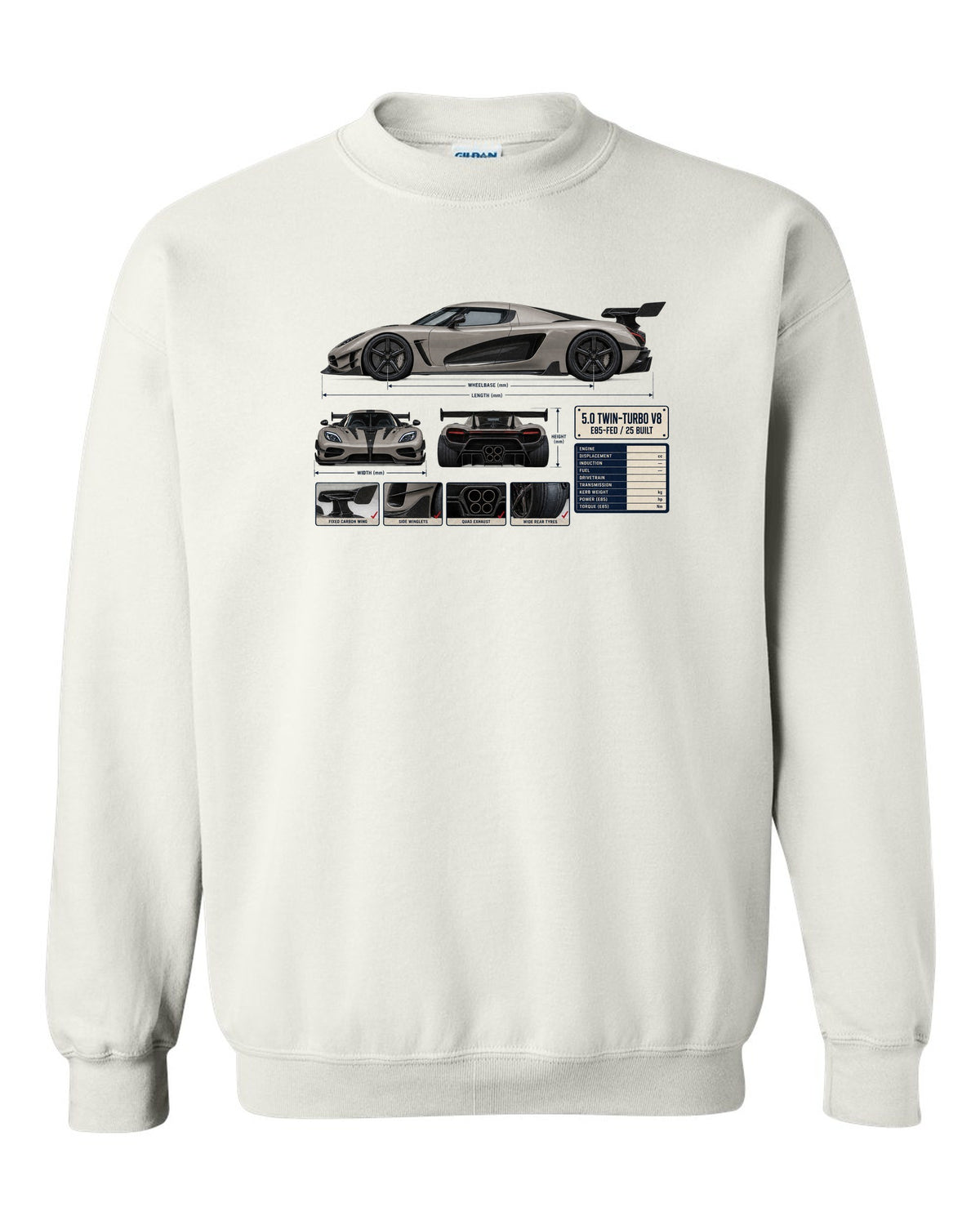 Three-view and spec table print of the Koenigsegg Agera RS with the text 5.0 twin-turbo V8, E85-fed, 25 built white crewneck front view with the design