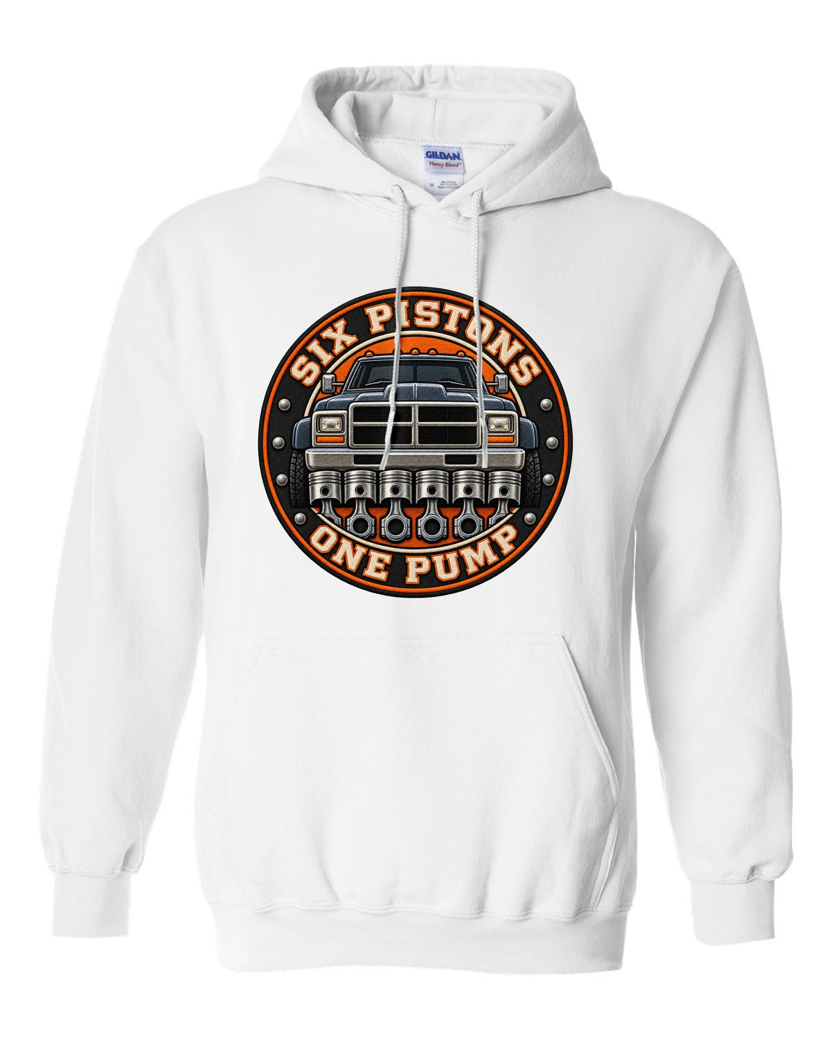Round varsity crest print for a 1994-1998 Dodge Ram 2500 12V Cummins white pull over hoodie front view with the design
