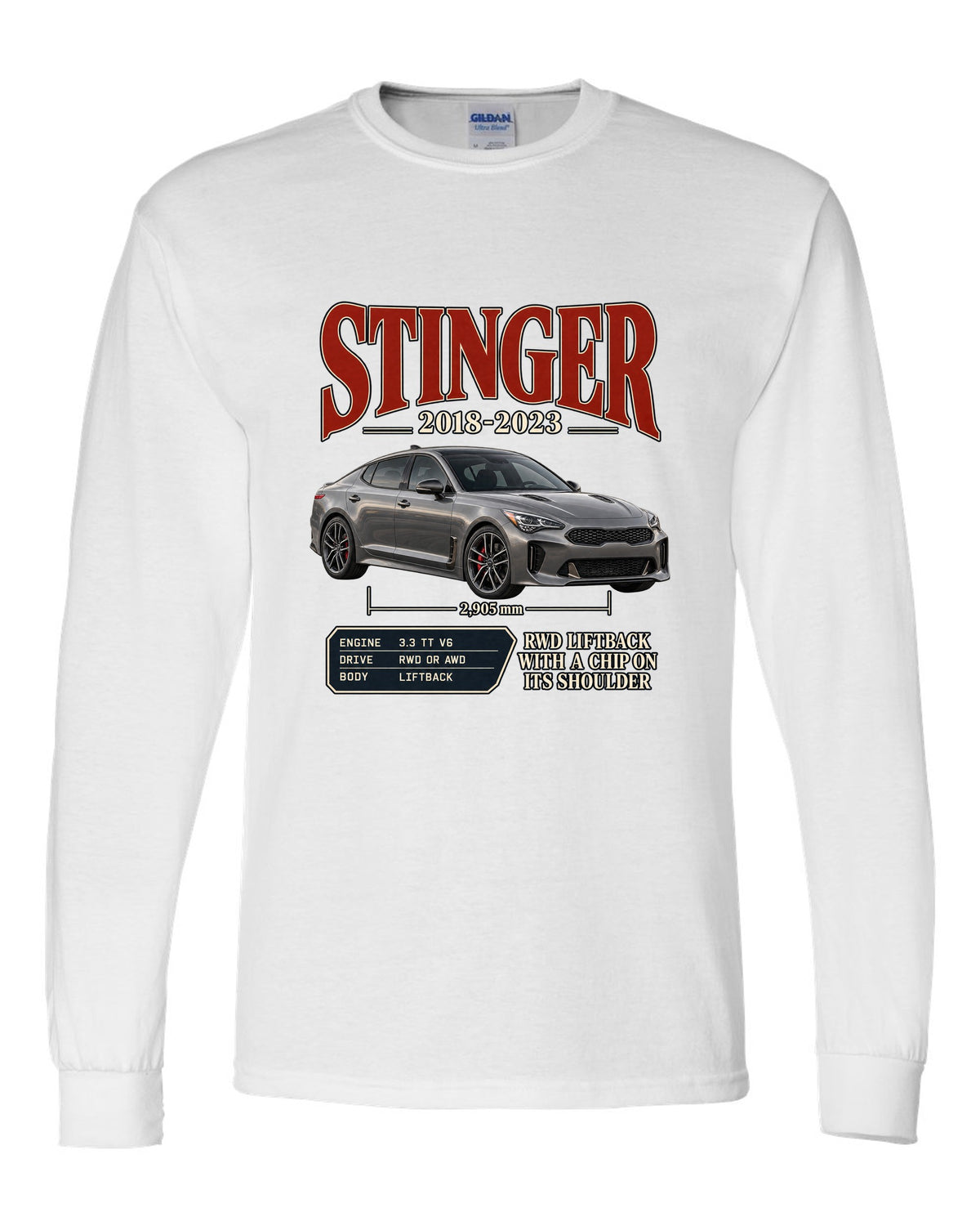 Kia Stinger GT archive panel print covering 2018 to 2023 white long sleeve front view with the design