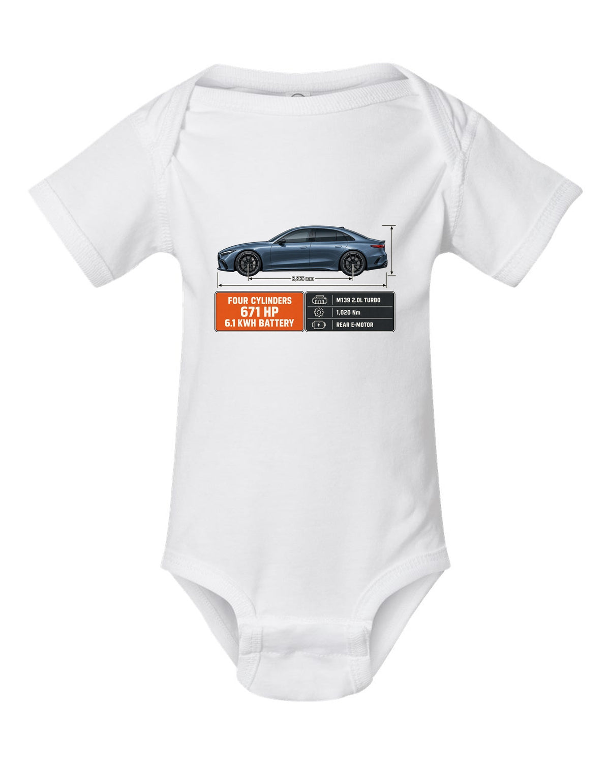 Mercedes-AMG C63 S E Performance W206 blueprint with dimension lines white baby onesie front view with the design
