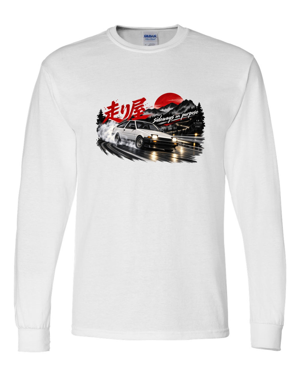 VW Golf Mk2 16V front three-quarter sliding at night with touge kanji white long sleeve front view with the design