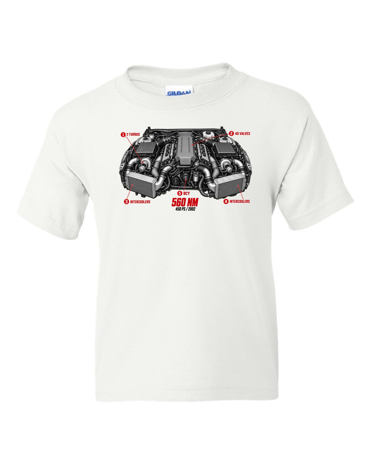 Audi RS6 Avant C5 BCY 4.2 biturbo engine with callouts and spec text white kids tee front view with the design