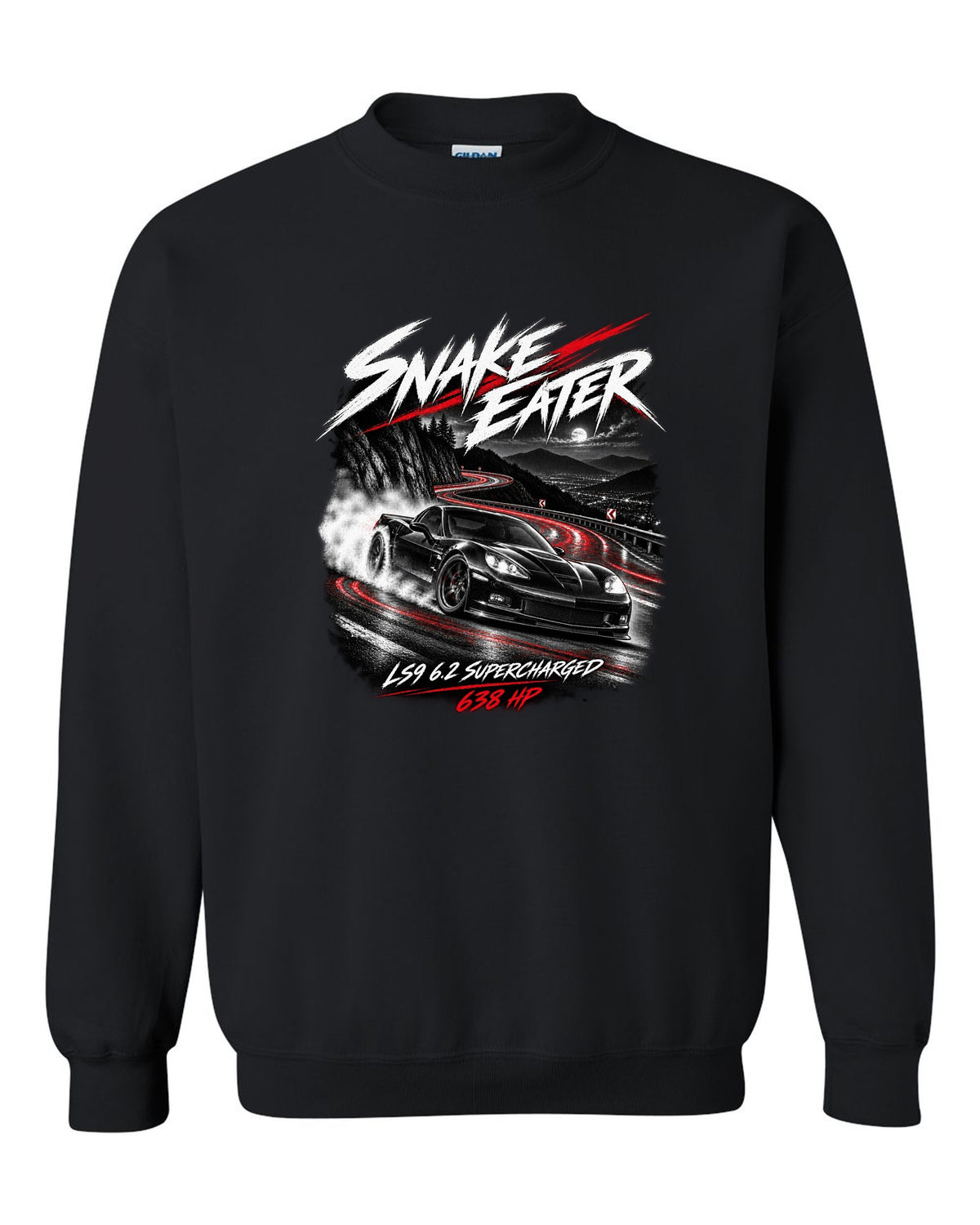 Corvette C6 ZR1 supercharged on a night mountain road black crewneck front view with the design